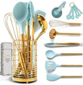 Teal & Gold Silicone Cooking Utensils Set with Holder