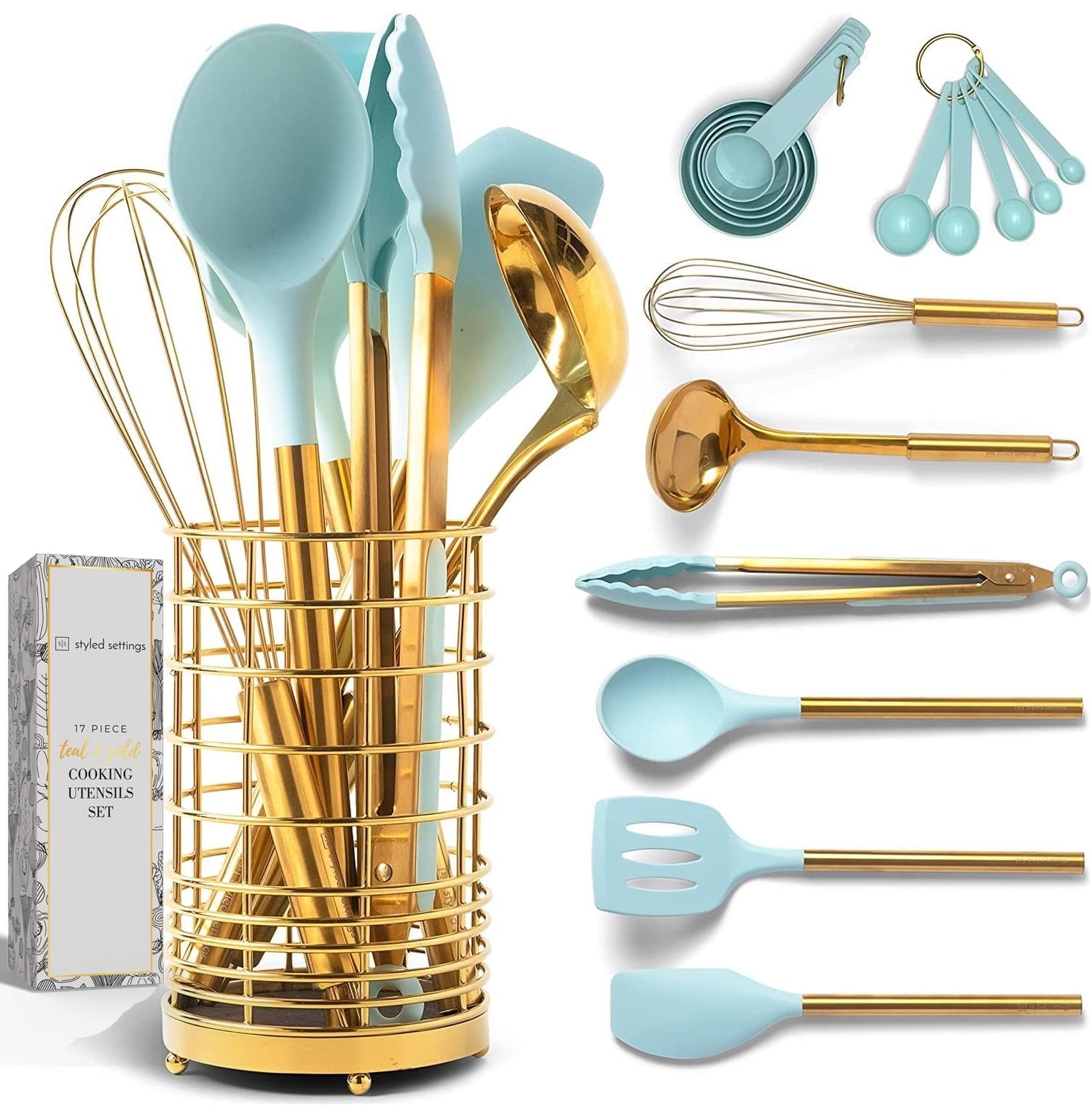 Teal & Gold Silicone Cooking Utensils Set with Holder