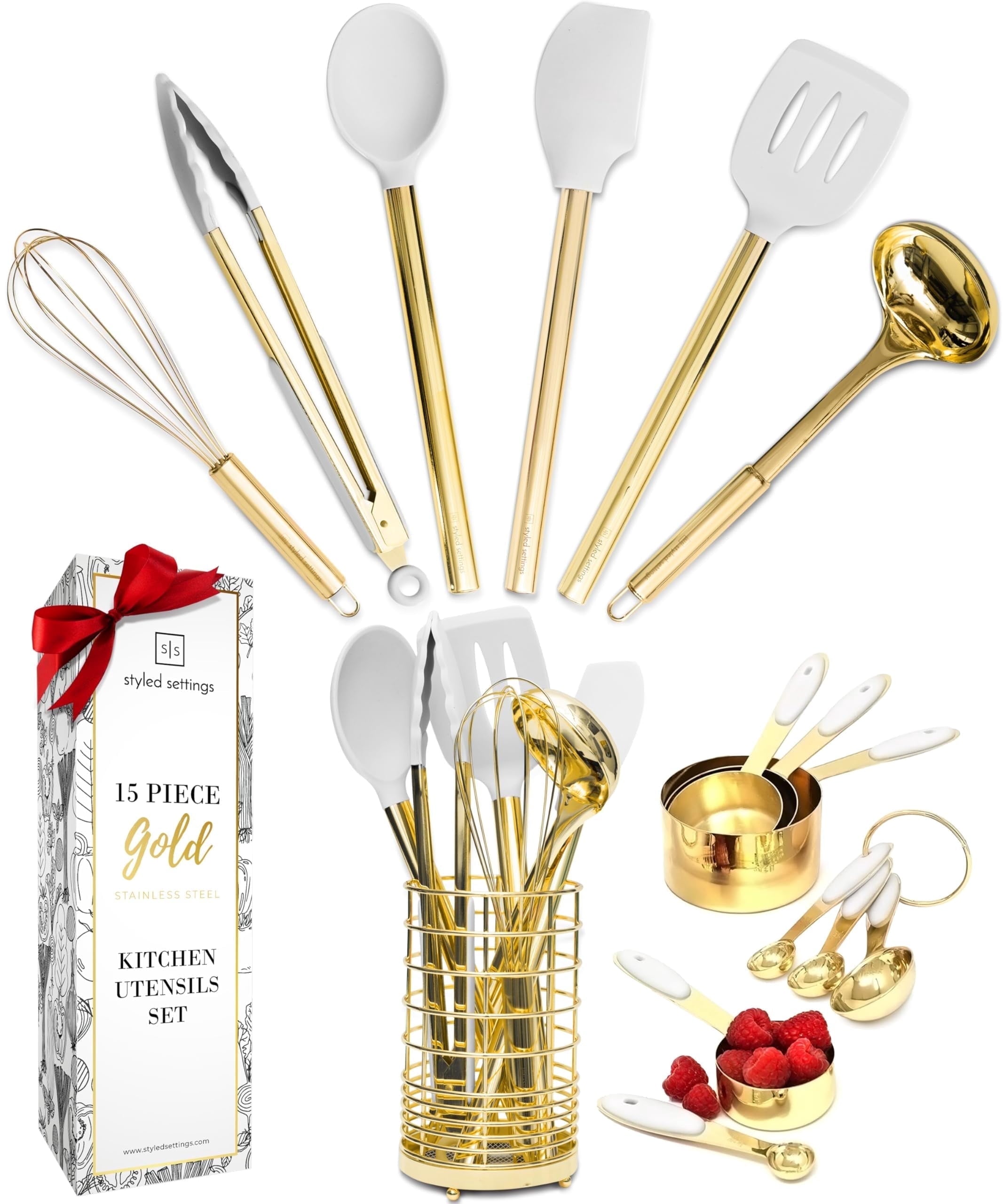 Styled Settings White and Gold Kitchen Utensils Set - 15-Piece Non-Scratch, White and Gold Utensils Set Includes White Silicone Cooking Uten
