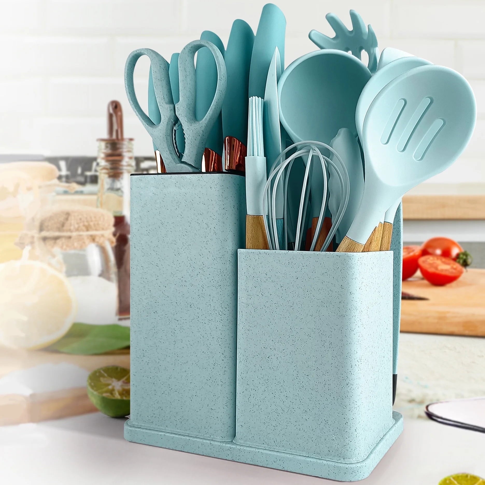TEAFIRST Silicone Kitchen Cooking Utensils Set, 19 Pieces Utensil with Holder, Heat Resistant, Green