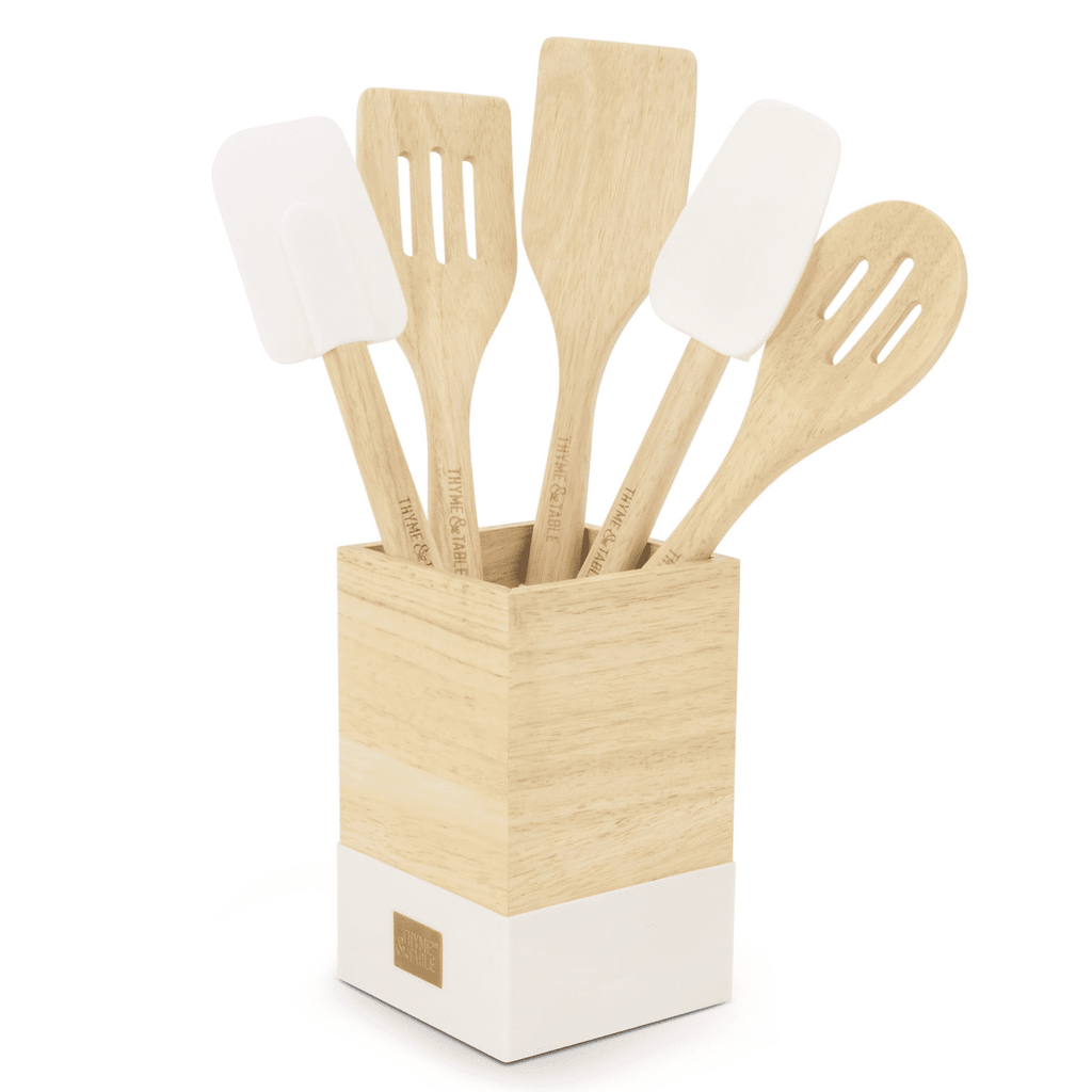 Thyme & Table 6-Piece Wood and Silicone Utensil Set, Cream