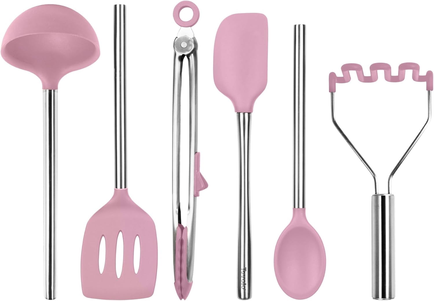 Tovolo Silicone Cooking Utensil Set of 6 Pink Sorbet Ladle Slotted Turner Tongs Flex Core Spatula Scraper Mixing Spoon and Potato Masher, Di