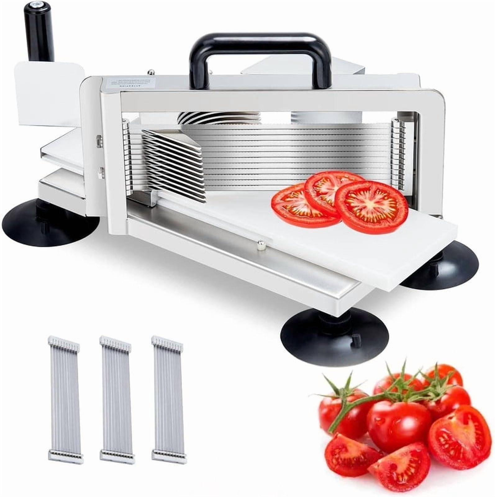 Food Slicer, Commercial Stainless Steel Manual Tomato Cutter with 3 Blades (1/4", 3/8", 3/16"), Non-Slip Base for Uni...
