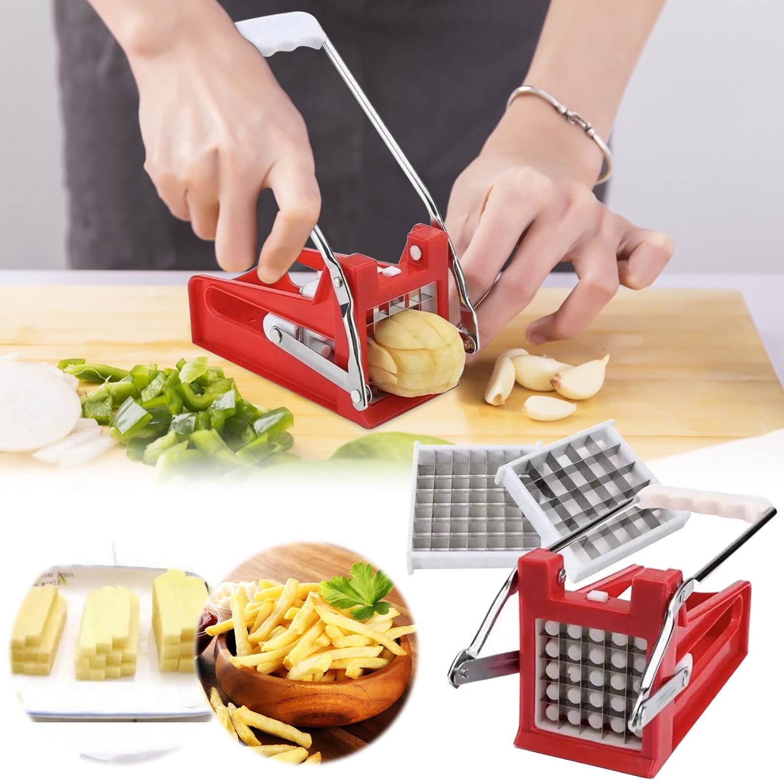 Potato Chipper, 3-in- French Fry Cutter And Vegetable Dicer, Plastic Stainless Steel Kitchen Tool For Potato Carrot ,...