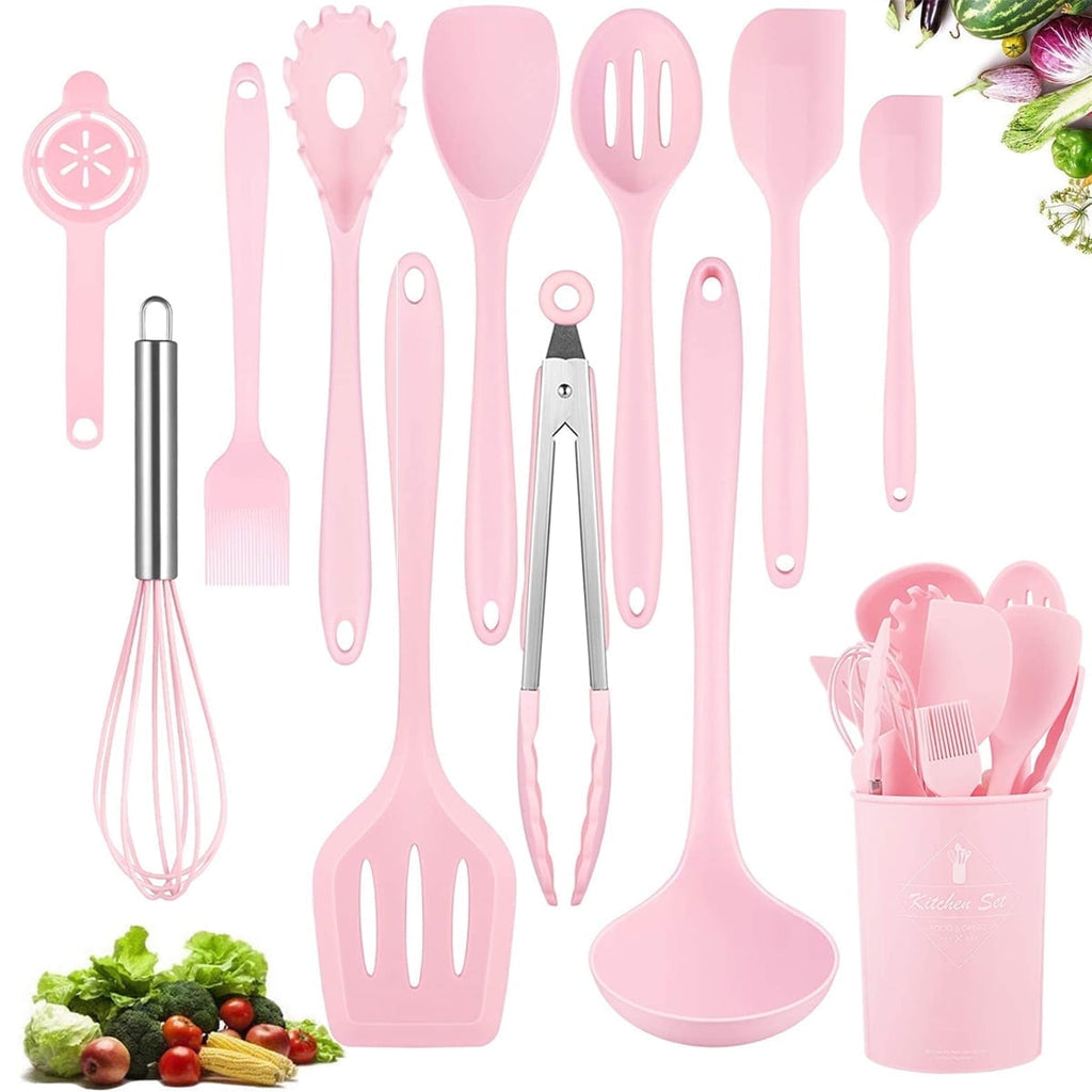 VIVAYO 12 Pcs Silicone Kitchen Utensil Set, Kitchen Cooking Spatula Sets with Holder for Cookware Heat Resistant Spoons, Turners,Tongs, Whis