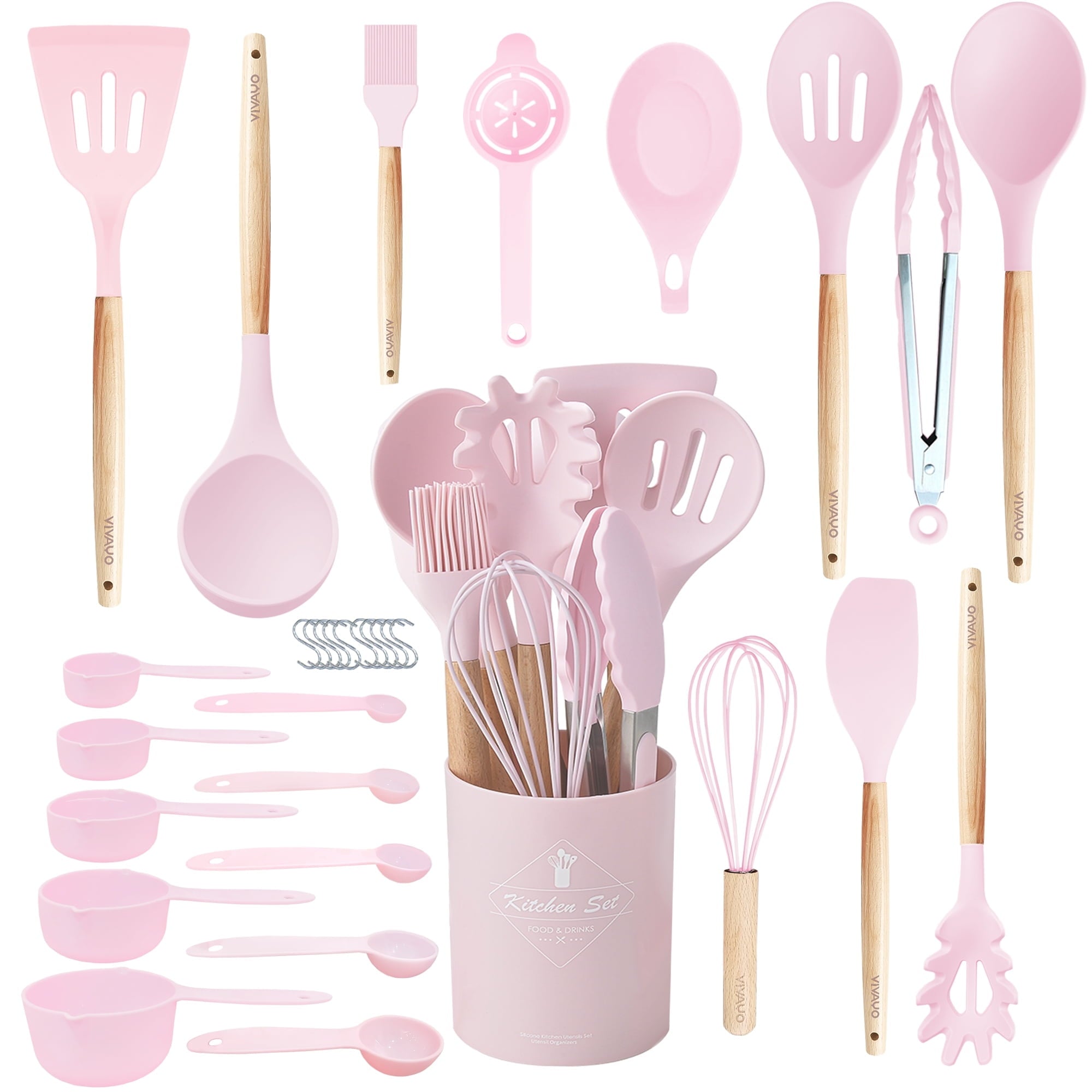 Kitchen Utensils Set, 32 Pcs Non-Stick Silicone Cooking Utensil Spatula Set with Holder, Wooden Handle Heat Resistanc...