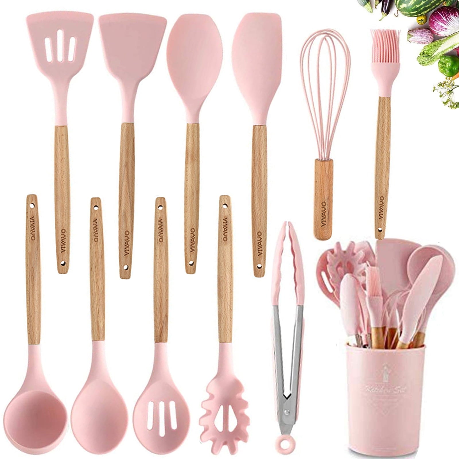 Silicone Cooking Utensil Kitchen Utensils Set, 12 Pieces Silicone Kitchen Utensil Wooden Handles, Kitchen Spatula Set...