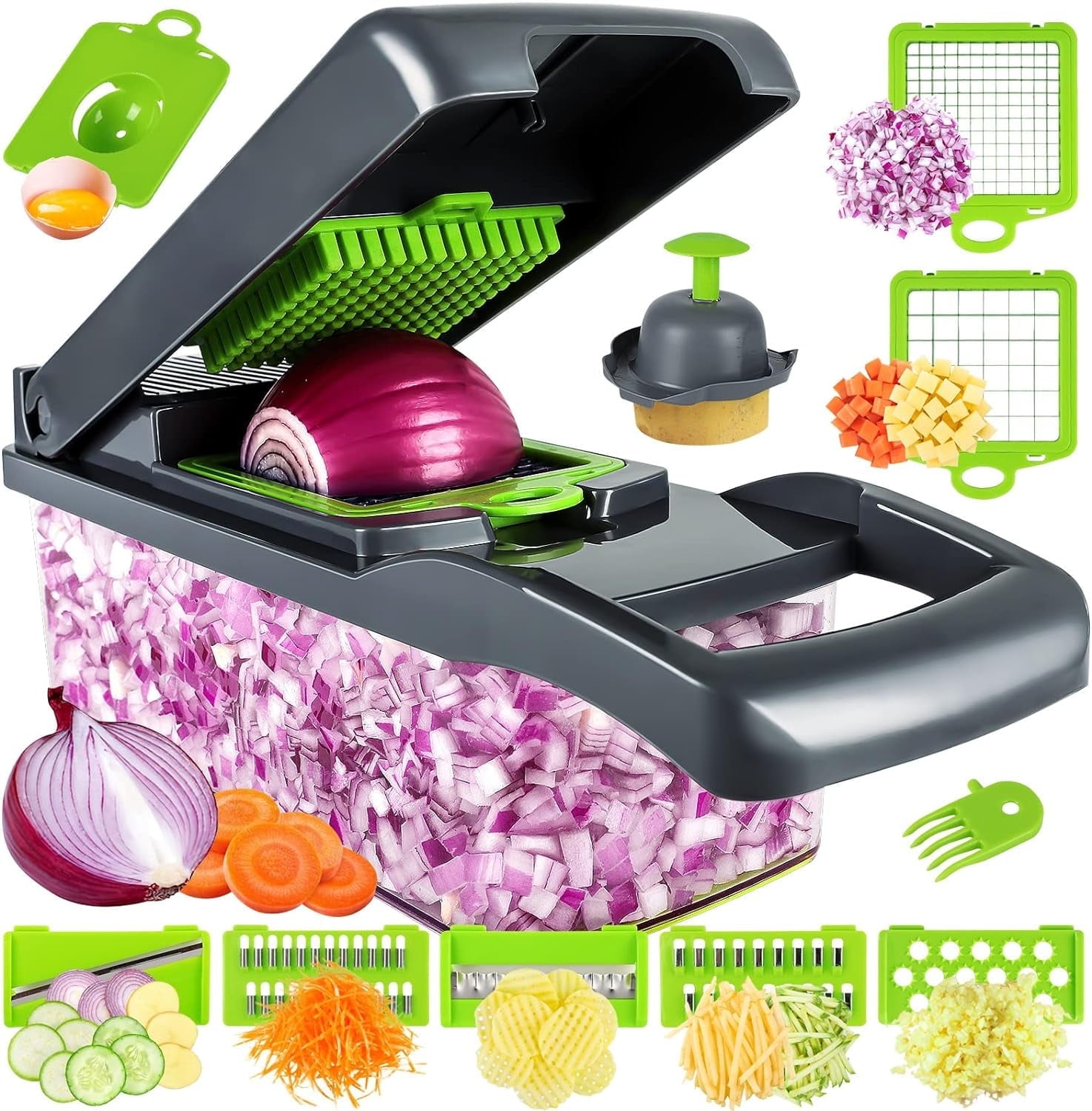 Pro, Multifunctional Food with Container, Slicer Dicer Cutter with Sharp Blades for Onion Carrot Garlic-Green