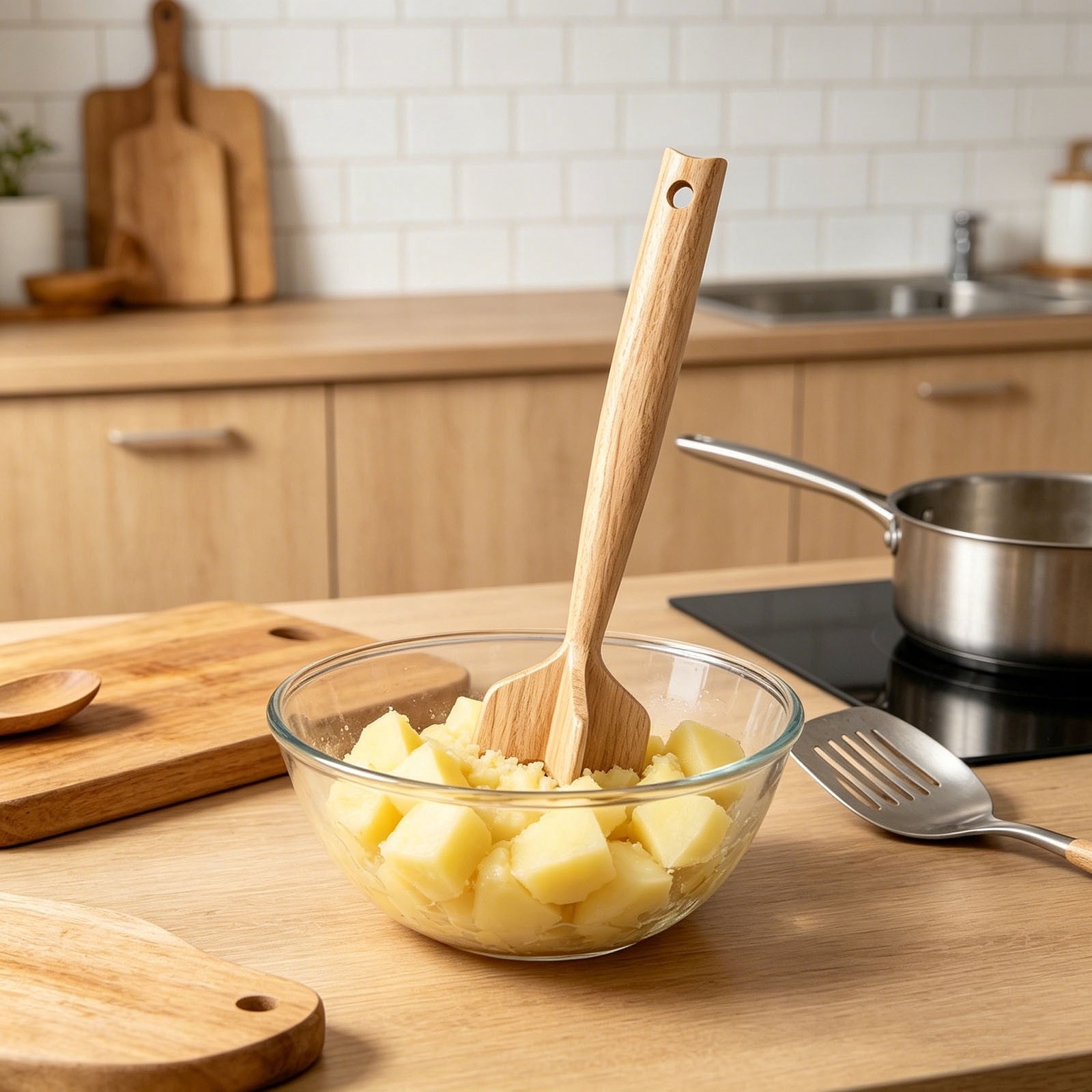 Werulen Solid Wooden Meat Chopper Masher,Multi Functional Food Processing Style,Kitchen Cooking Baking Meal Prep Use,Ground Beef Potato Mash