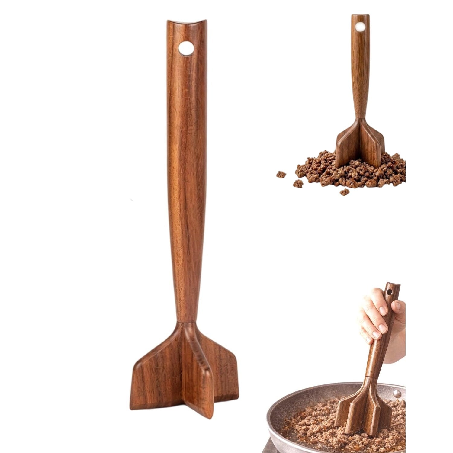 Wooden Meat Chopper for Ground Beef – Heavy Duty Turkey & Hamburger Smasher, Ergonomic Manual Food Masher for Nonstic...
