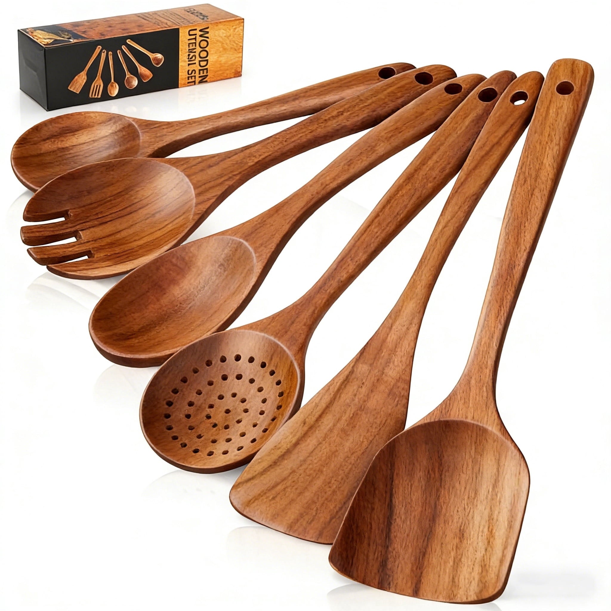 GPED Wooden Spoons for Cooking, 6 PCS Teak Wood Cooking Utensil Set, Wooden Kitchen Utensils for Nonstick Pans & Cookware, Spoons and Spatul