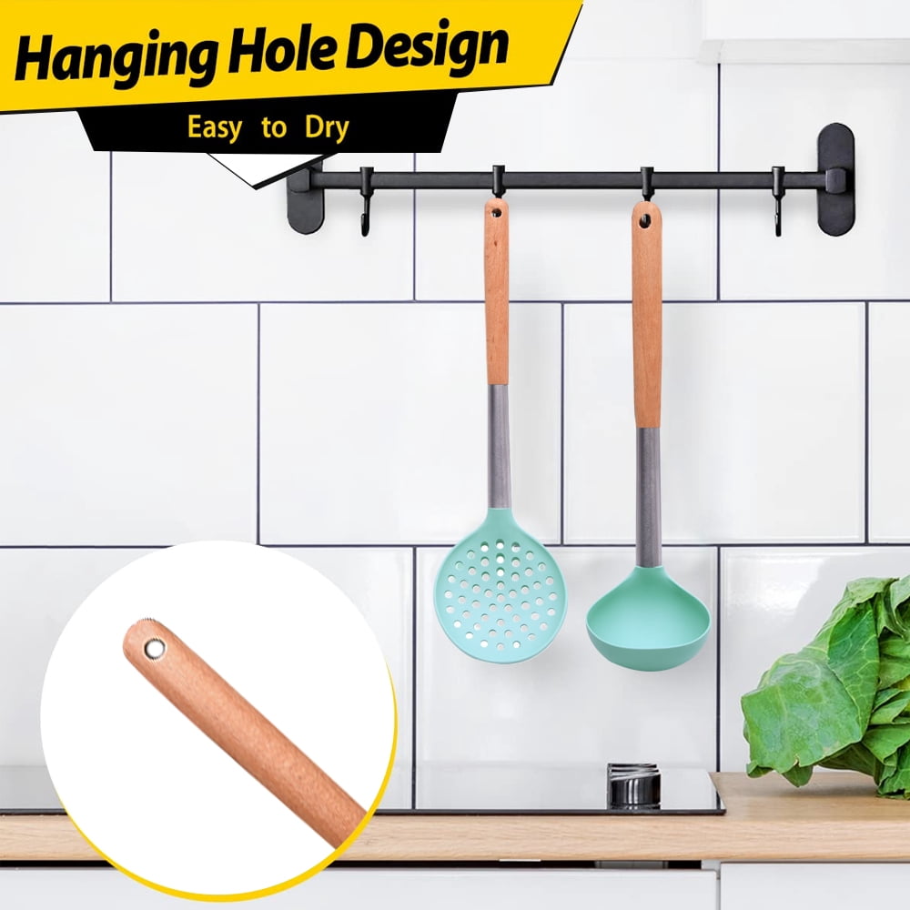 Silicone kitchen utensils with stainless steel handle, non-stick cooking spoon, wooden handle, silicone kitchen utensils - Image 5