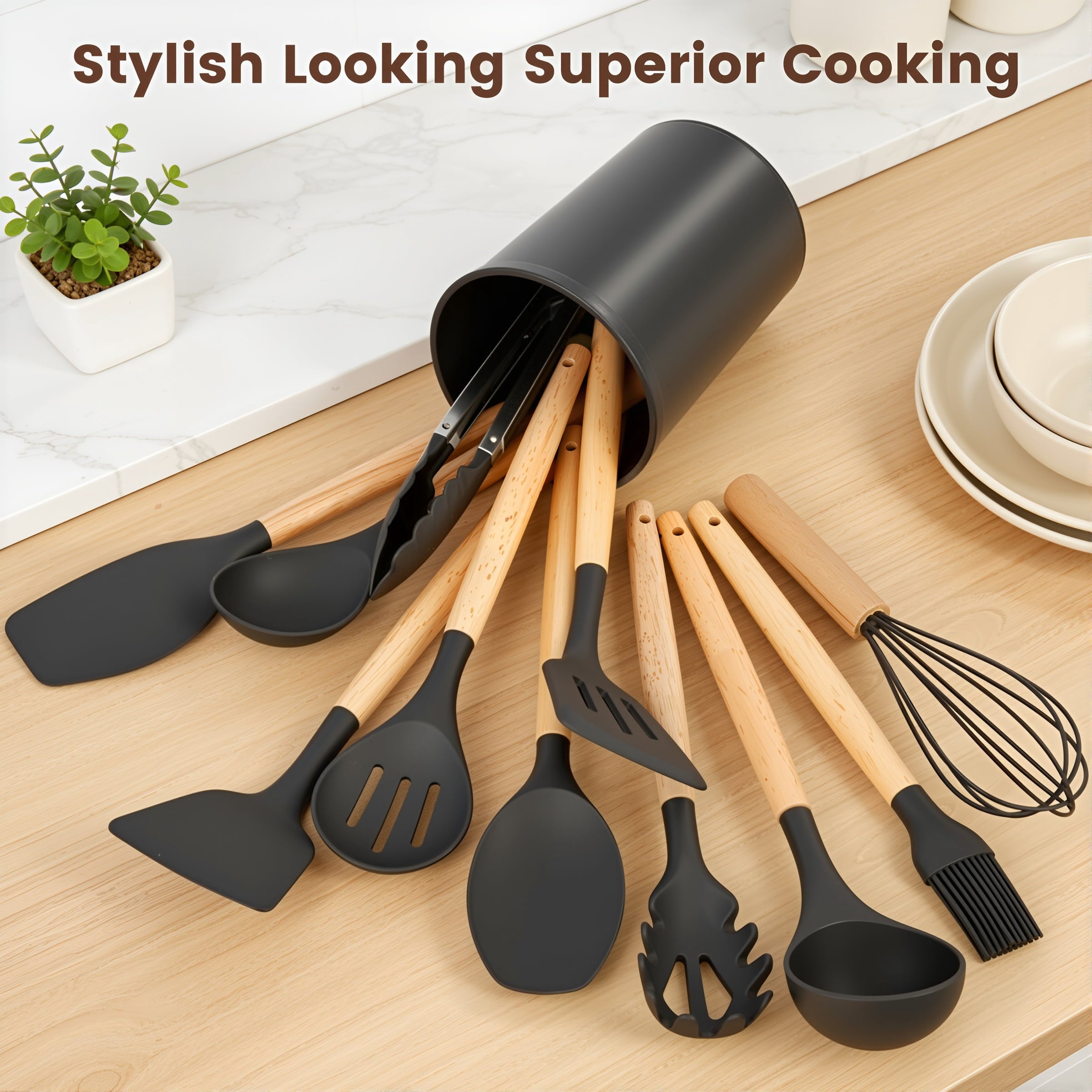 Silicone Cooking Utensils Set, Kitchen Utensils Set 38 Pcs for Cooking, Nonstick Kitchen Utensils Cookware Set Spatula Set, Black - Image 6
