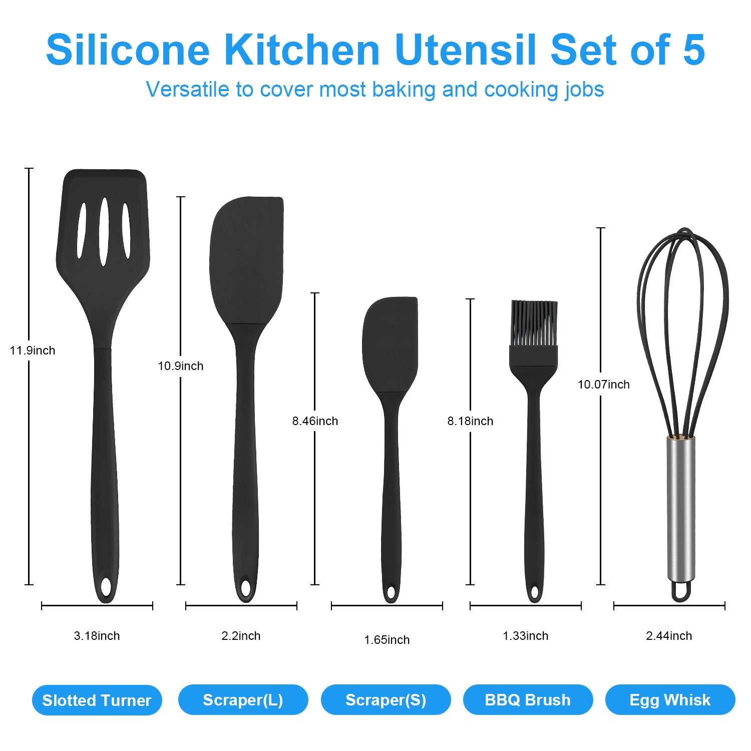 Silicone Cooking Utensils Sets,AILKIN 5-Piece Kitchen Utensil Set 600F Heat Resistant Non-stick Rubber Cookware Kitchen Silicone Cooking Ute - Image 3