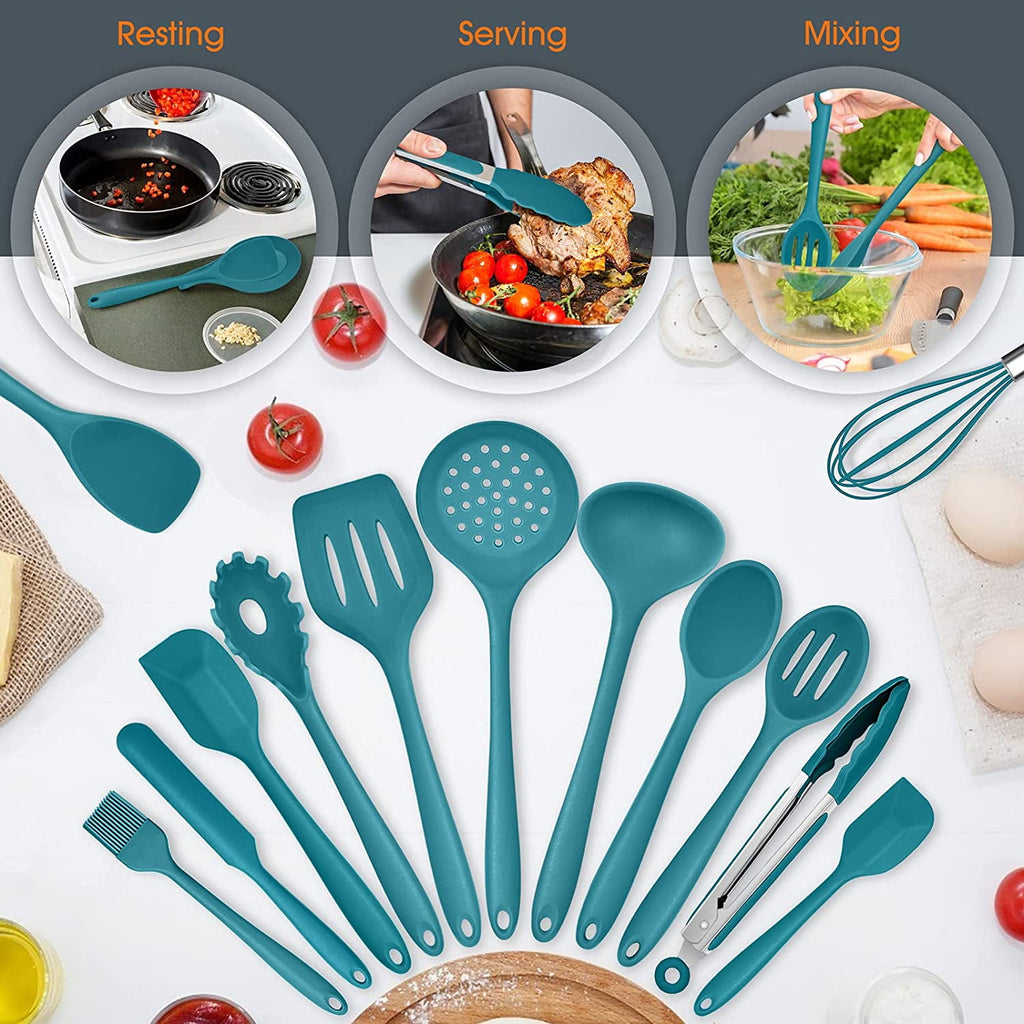 Vesteel 15-Piece Kitchen Utensils Set, Silicone Cooking Utensils with Holder, Non-stick Cookware Friendly & Heat Resistant - Teal Blue - Image 4