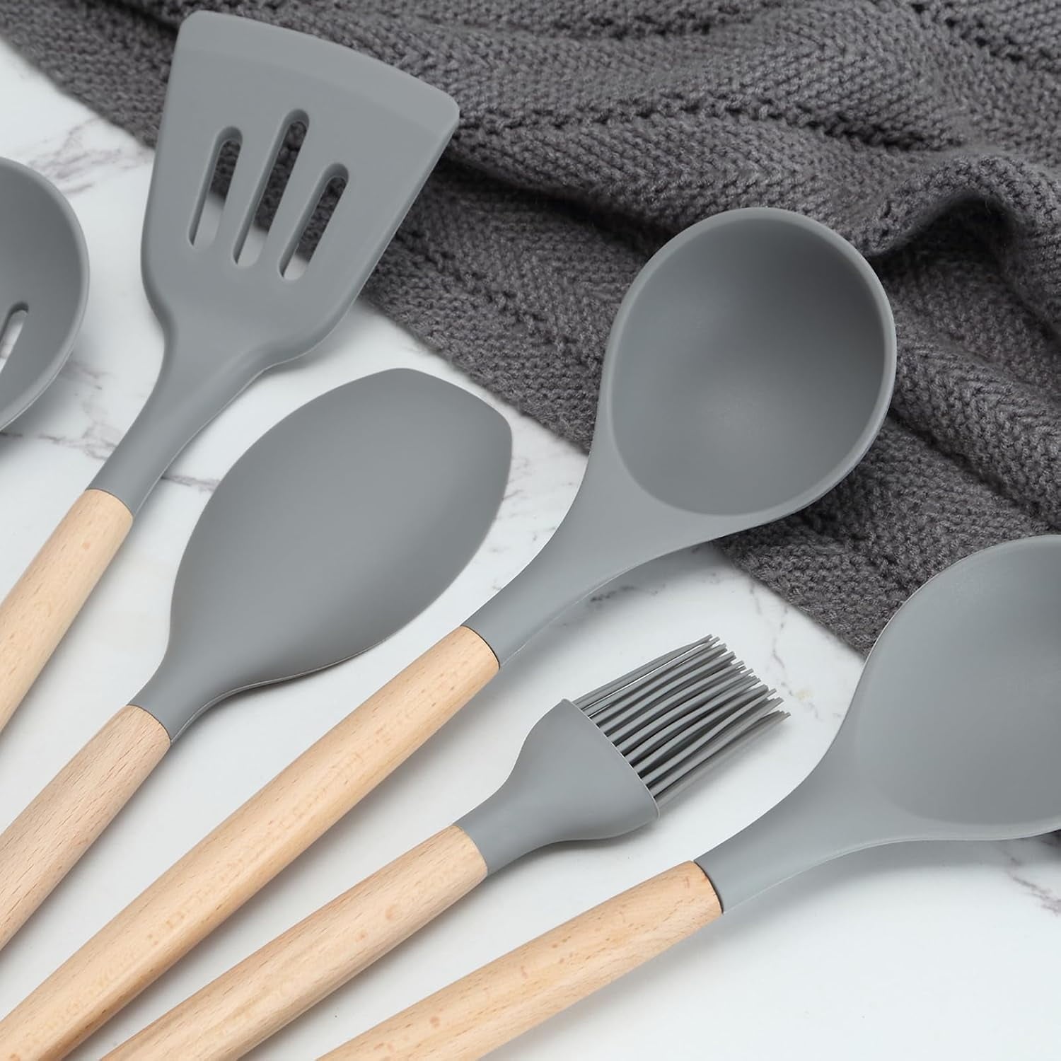 Utensils Set, Non-Stick Silicone Cooking Kitchen Utensils Spatula Set with Holder, Wooden Handle Silicone Kitchen Gad... - Image 4