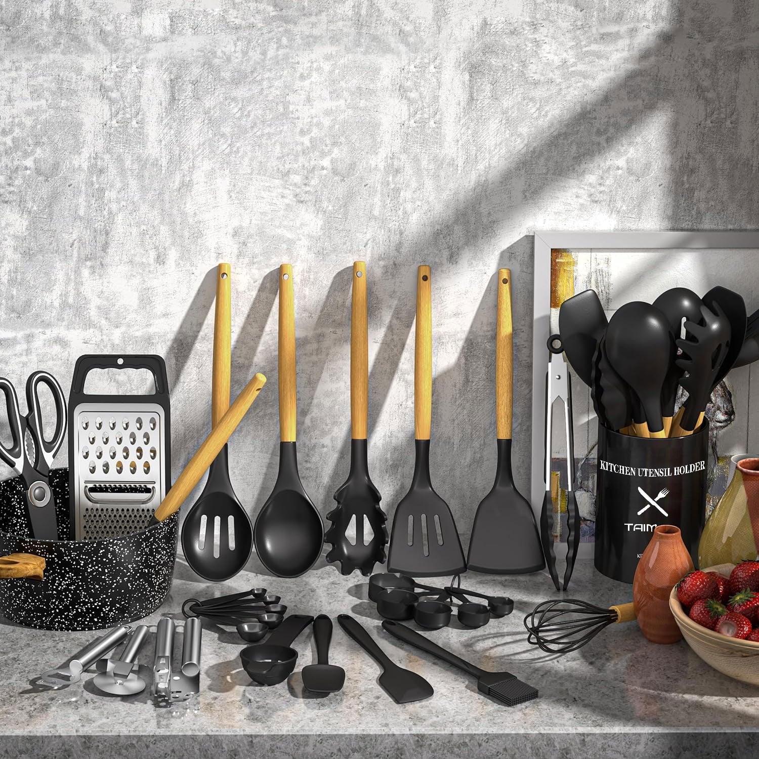 Kitchen Utensil Set, AOKIWO 34Pieces Silicone Cooking Utensil Set with Wooden Handle, Heat Resistant Spatula Set Gadgets Tools Cookware, Bla - Image 4