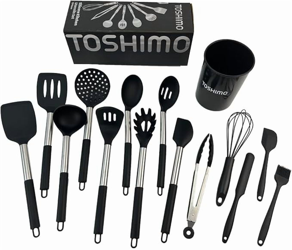 15 Pieces Silicone Kitchen Utensil Set with Holder | Non Slip Stainless Steel Cooking Tool |Spatulas, Spoon, Ladle, P... - Image 5