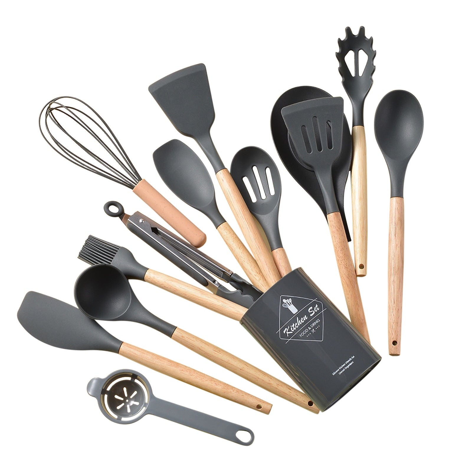 Kitchen Utensils & Gadgets,Wooden Handle Silicone Kitchenware Set 14 Piece Round Barrel Set Non Stick Pot Cooking Spo... - Image 3