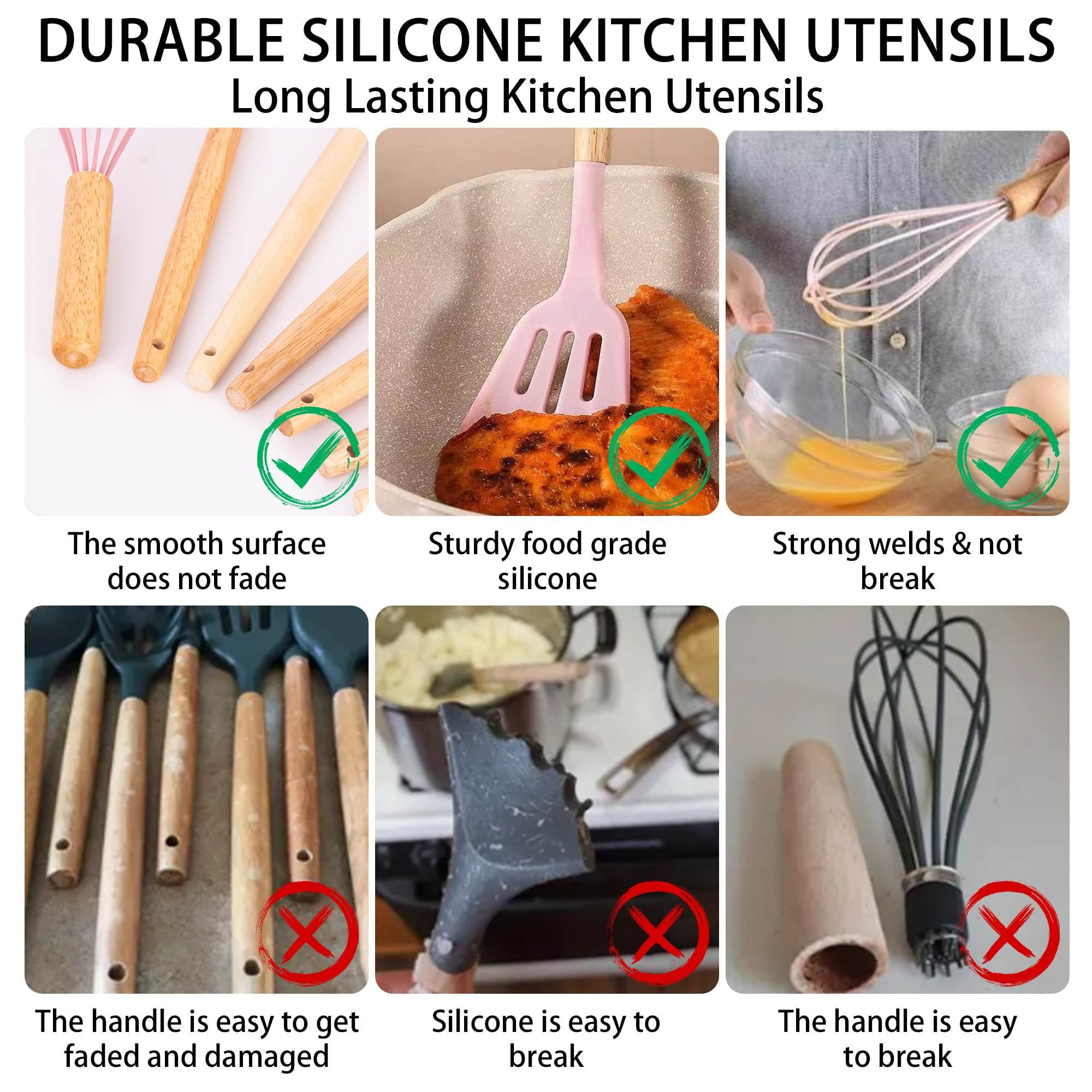 HEESEM 19-Piece Silicone Kitchen Utensil & Knife Set - Heat-Resistant Cooking Tools Non-Stick Safe Gift for Mom or Women Pink - Image 6
