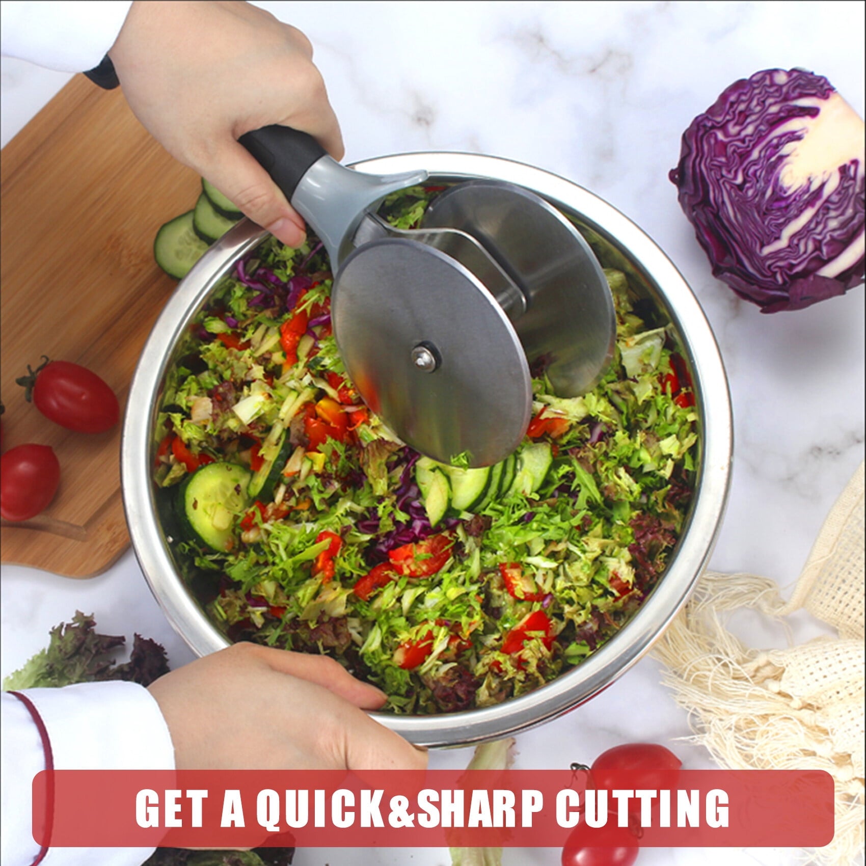 Salad-Chopper with Protective-Covers Dual-Wheels Salad-Cutter Food-grade Stainless Steel Circle Cutter Quick Kitchen Prep - Image 4