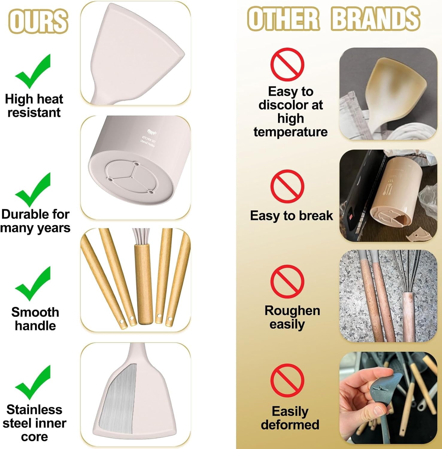 Cooking Utensils Set- Khaki Silicone Kitchen Utensils Set, 34PCS Heat Resistant Kitchen Gadgets Tools Set with Grater, Wooden Handle Kitchen - Image 2
