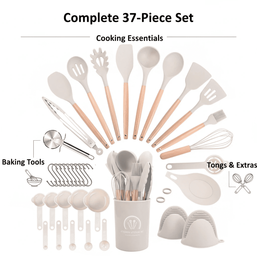 37 Pcs Kitchen Utensils Set, Silicone Cooking Tools for Nonstick Cookware, 446℉ Heat Resistant, Wood Handle Kitchen G... - Image 2