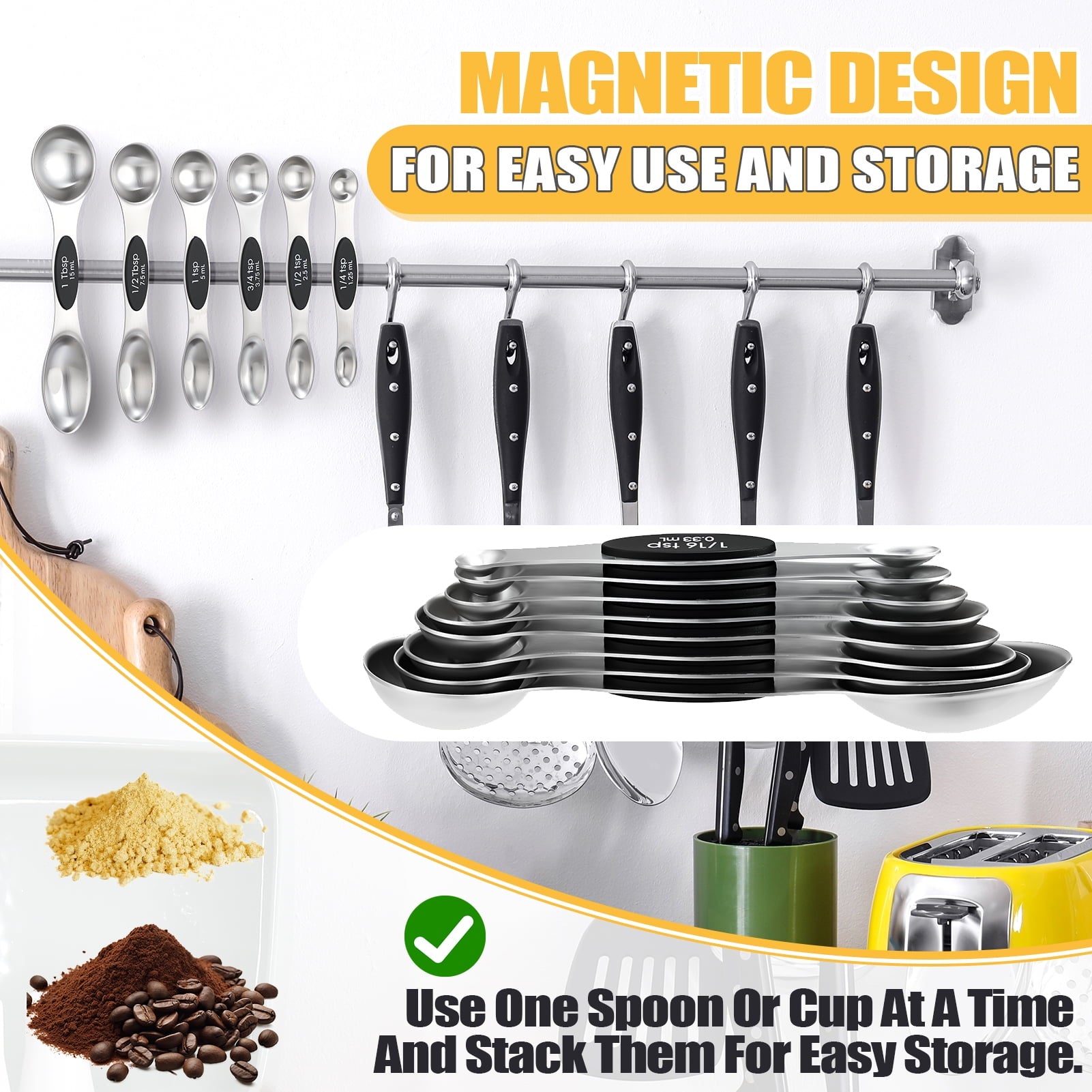 17 Pieces Measuring Cups and Magnetic Measuring Spoons Set Stainless Steel, 8 Measure Cups with Silicone Handle and 8... - Image 5