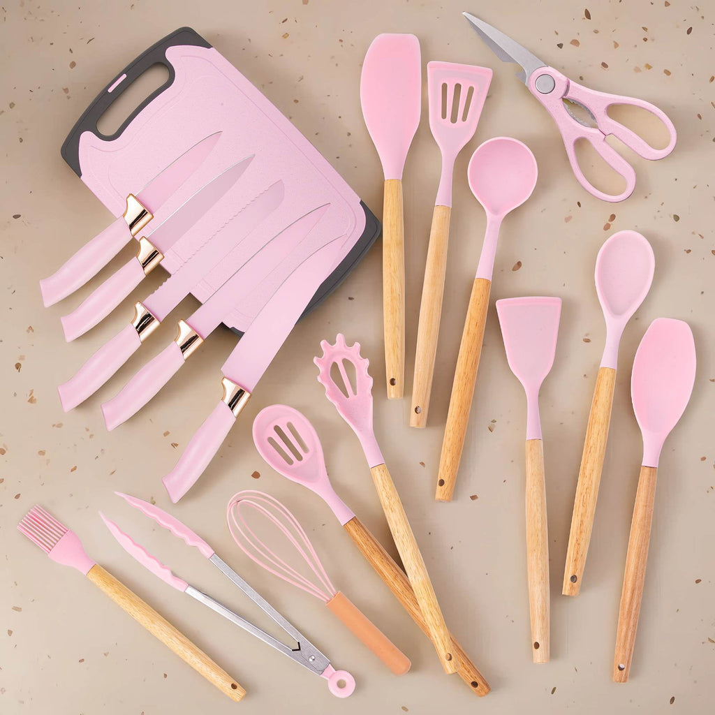 HEESEM 19-Piece Silicone Kitchen Utensil & Knife Set - Heat-Resistant Cooking Tools Non-Stick Safe Gift for Mom or Women Pink - Image 4