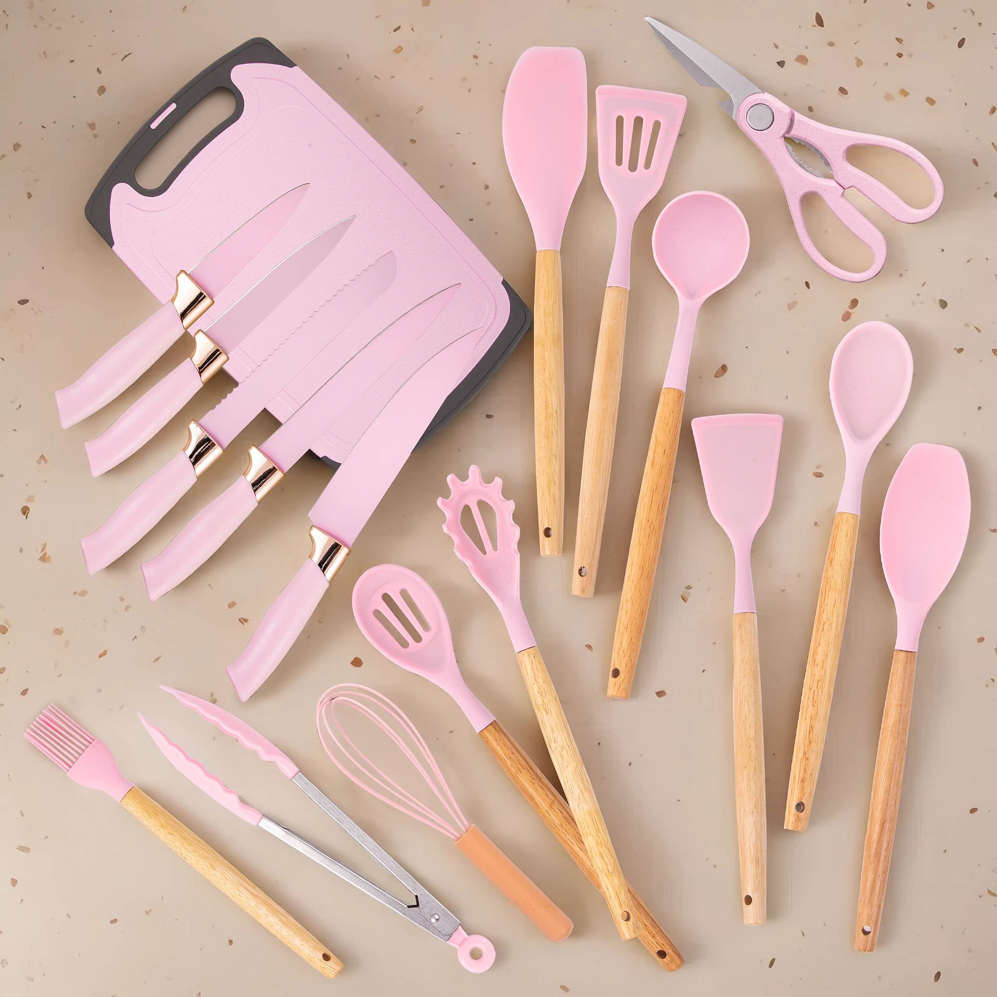 HEESEM 19-Piece Silicone Kitchen Utensil & Knife Set - Heat-Resistant Cooking Tools Non-Stick Safe Gift for Mom or Women Pink - Image 4