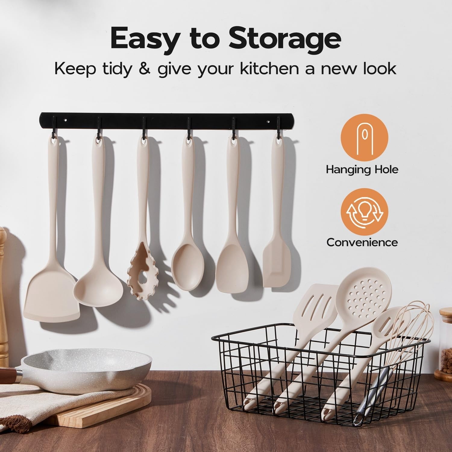 Silicone Cooking Utensils Set of 10, Kitchen Utensils for Nonstick Cookware, Heat Resistant & Nontoxic Spatula Set - Khaki. - Image 6