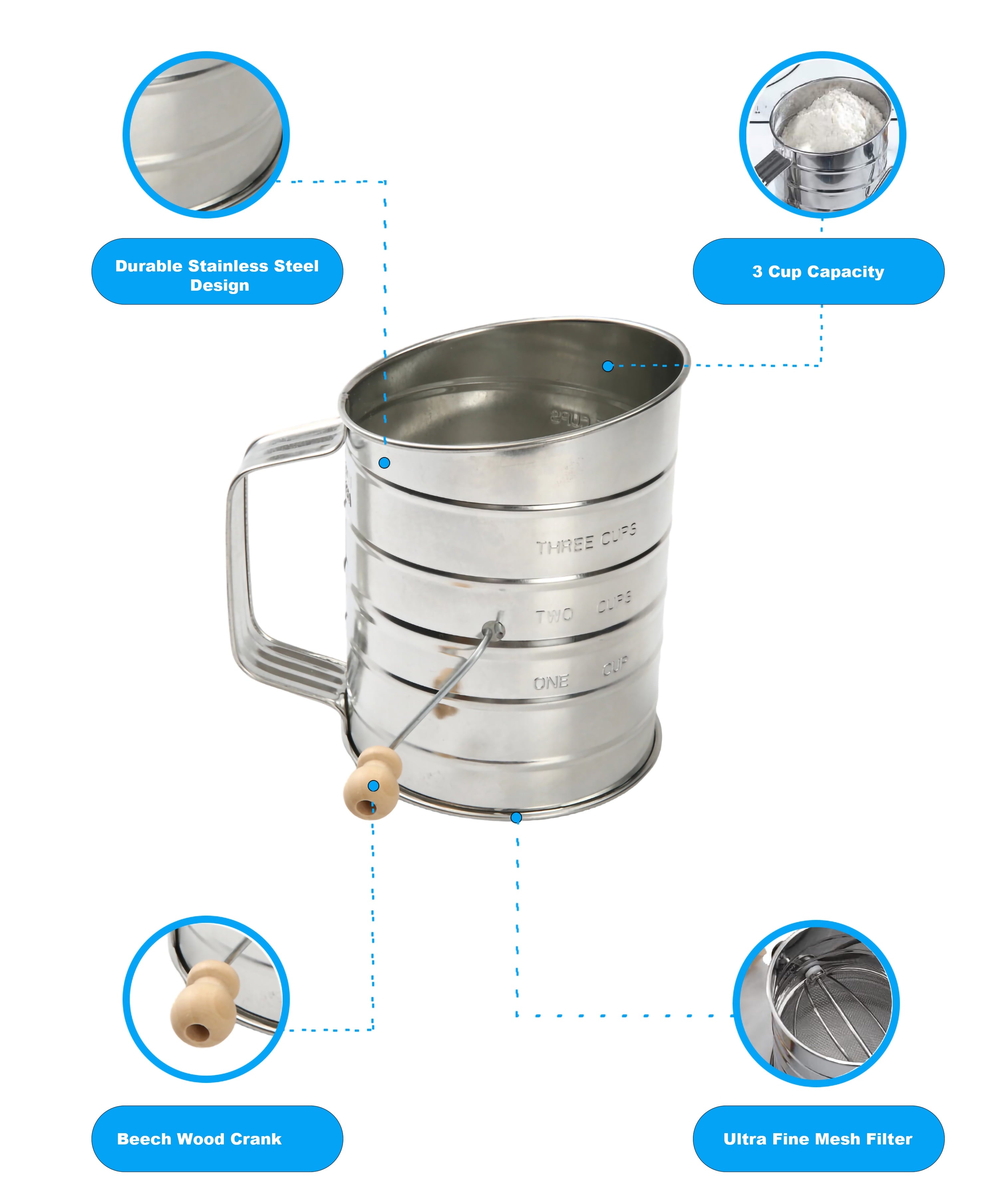 Stainless Steel 3 Cup Flour Hand-Crank Sifter with Beechwood Handle Silver - Image 4
