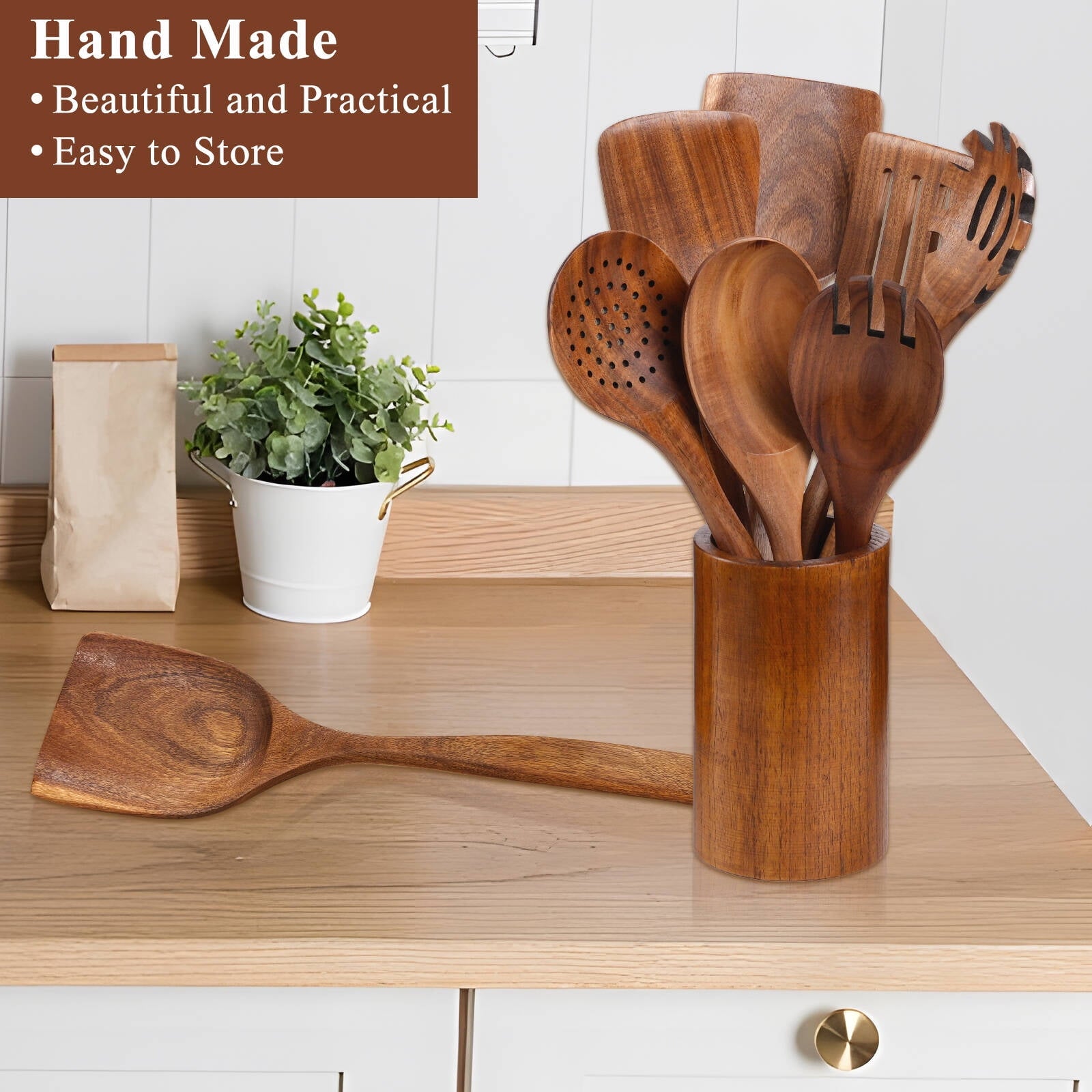 VAVSEA Thick Wooden Spoons for Cooking, 8 Pcs Natural Wooden Utensil for Cooking with Non-Stick, Heat Resistant, Wood Kitchen Utensil Set - Image 6