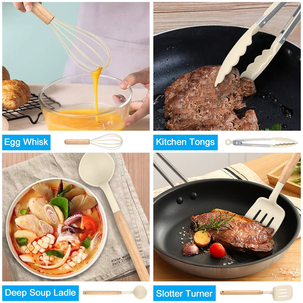Silicone Cooking Utensils Sets with Utensils Holder 12-Piece Wooden Handle Kitchen Utensil Set 600F Heat Resistant No... - Image 6