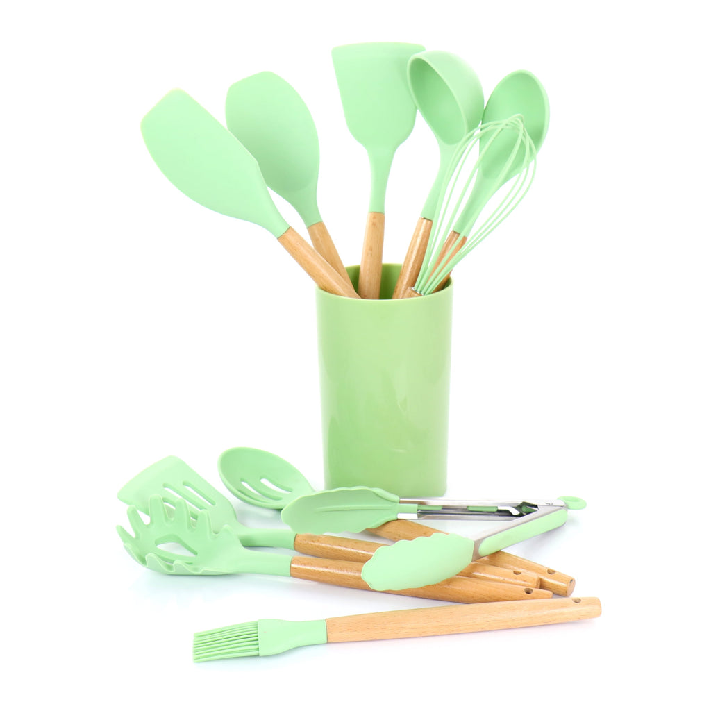 Mint Green 12 Piece Silicone and Wood Cooking Utensils - Image 6