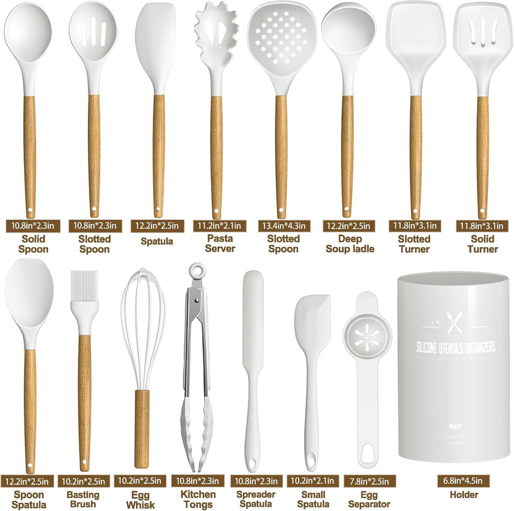 Silicone Cooking Kitchen Utensils Set, 16 Pcs Cooking Utensils Set with Holder, Heat Resistance, White Wooden Handle ... - Image 5