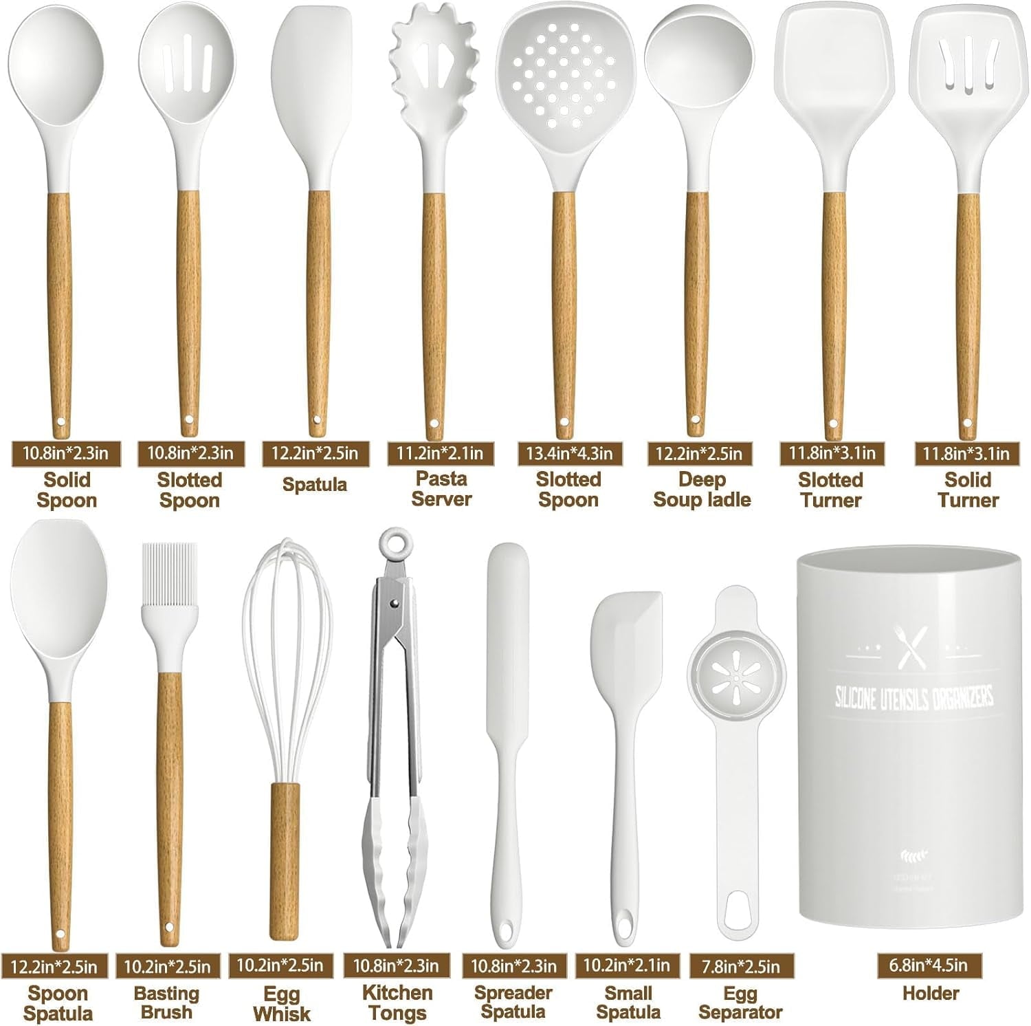 Silicone Cooking Kitchen Utensils Set, 16 Pcs Cooking Utensils Set with Holder, Heat Resistance, White Wooden Handle ... - Image 5