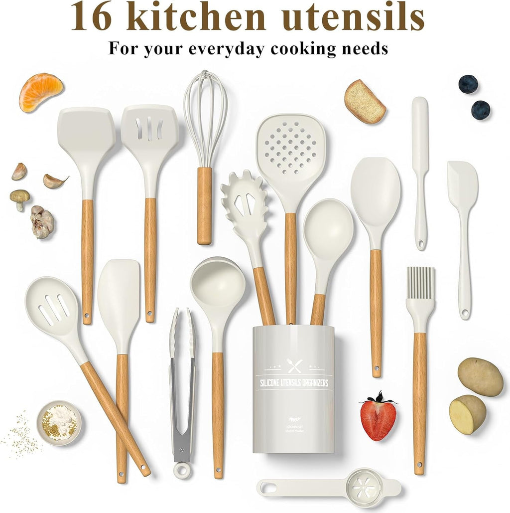 Silicone Cooking Kitchen Utensils Set, 16 Pcs Cooking Utensils Set with Holder, Heat Resistance, White Wooden Handle ... - Image 2