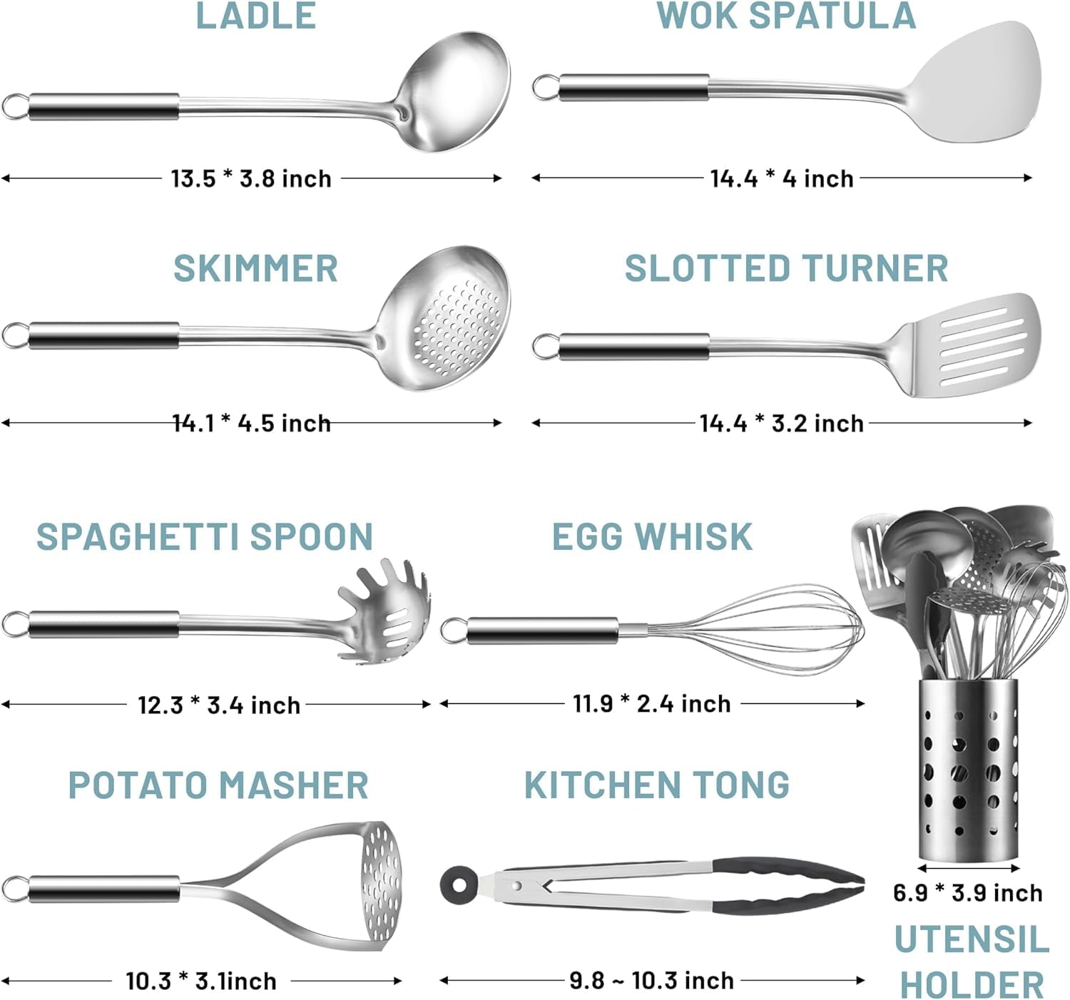 Cooking Utensils Set, 9 Pcs Stainless Steel Kitchen Utensils Set, Kitchen Tools Set, Spatula Sets w Utensil Holder, W... - Image 2