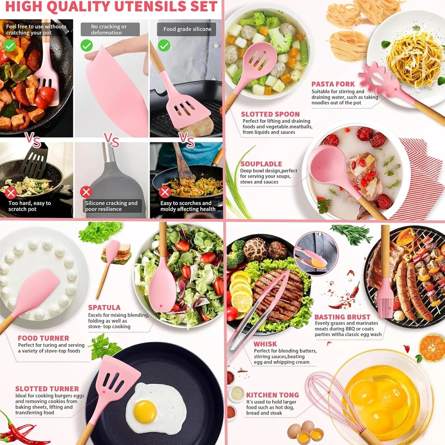 Bartans Silicone Cooking Utensils Set, BPA Free Heat Resistant Pink Baking Tools Kitchen Knife 19 Pc - Image 2