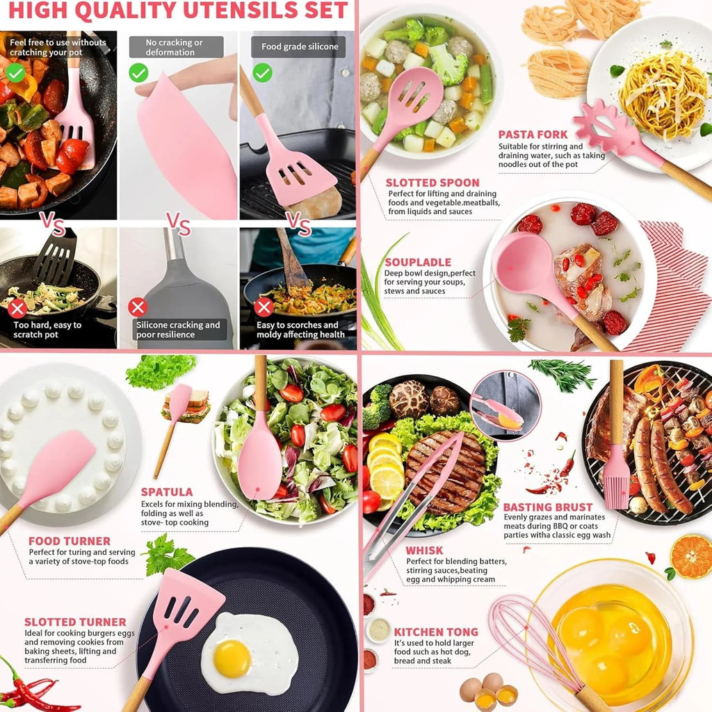Bartans Silicone Cooking Utensils Set, BPA Free Heat Resistant Pink Baking Tools Kitchen Knife 19 Pc - Image 2