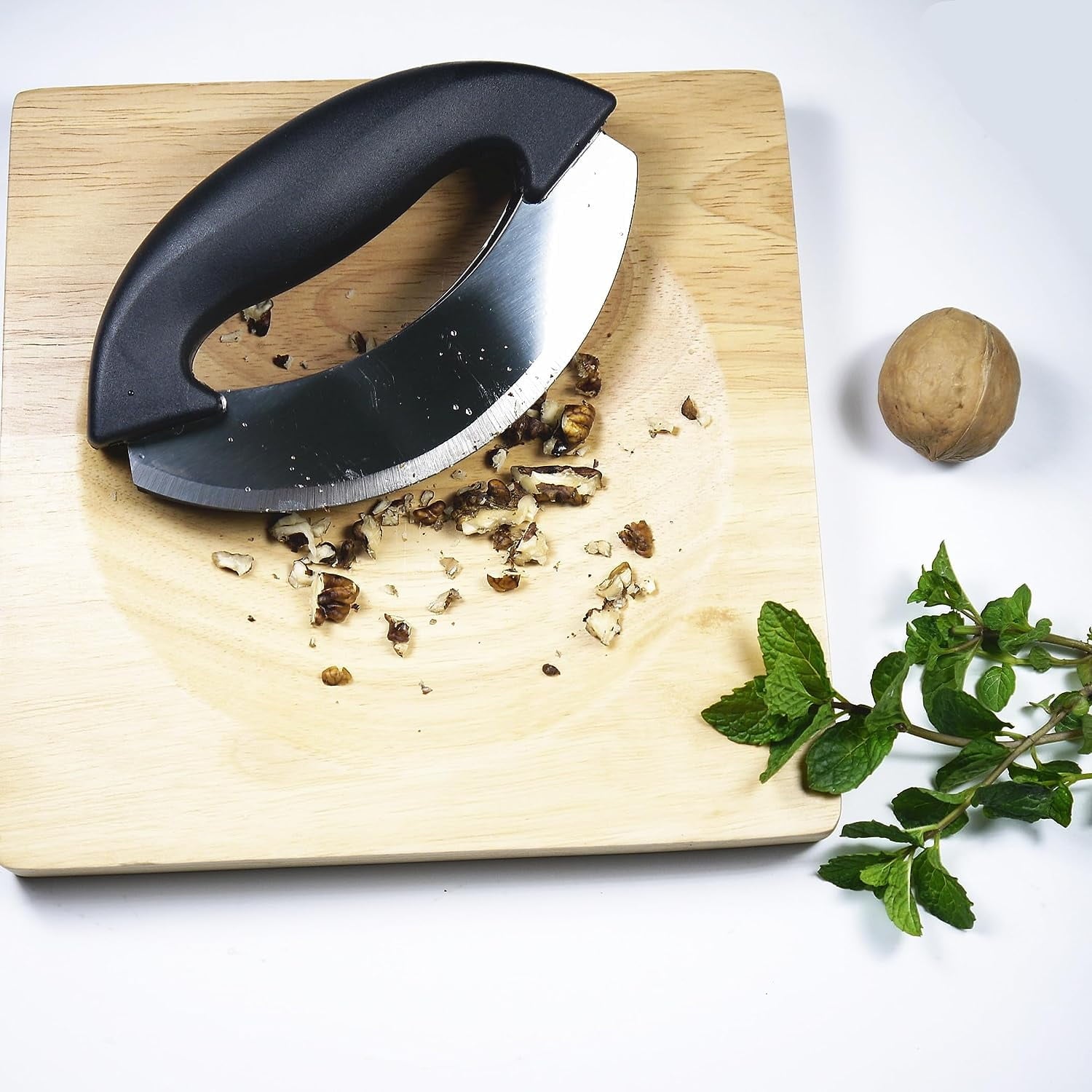 Mezzaluna Knife and Board, Double Blade Mezzaluna Salad Chopper with Wood Board - Image 3
