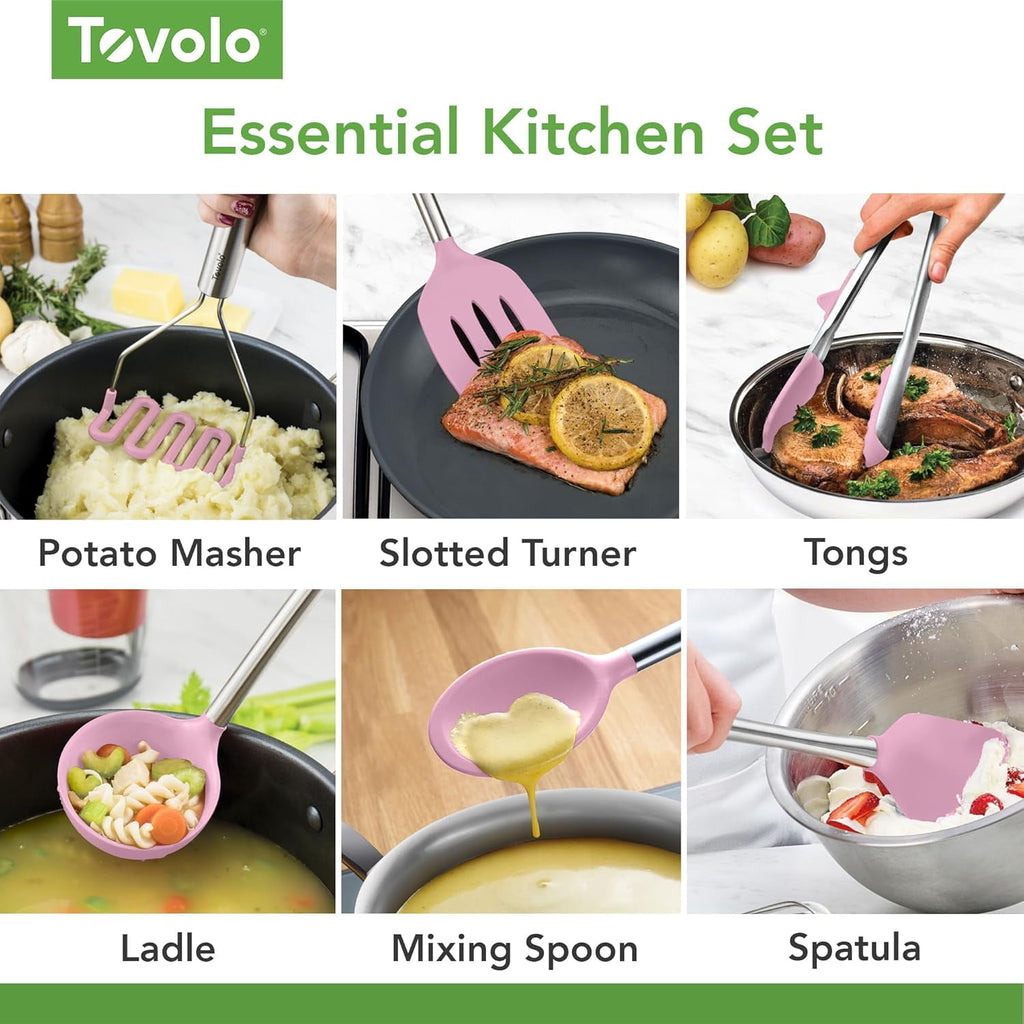 Tovolo Silicone Cooking Utensil Set of 6 Pink Sorbet Ladle Slotted Turner Tongs Flex Core Spatula Scraper Mixing Spoon and Potato Masher, Di - Image 6
