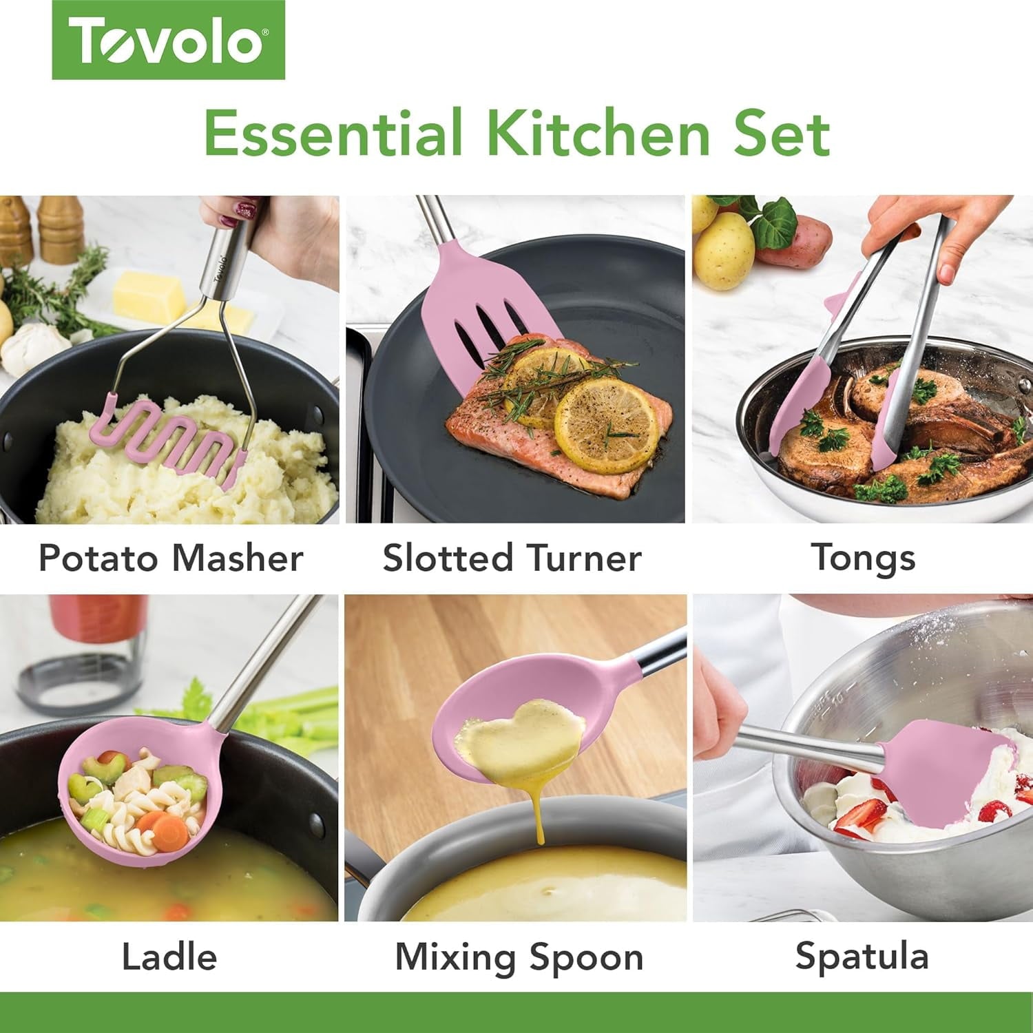 Tovolo Silicone Cooking Utensil Set of 6 Pink Sorbet Ladle Slotted Turner Tongs Flex Core Spatula Scraper Mixing Spoon and Potato Masher, Di - Image 6