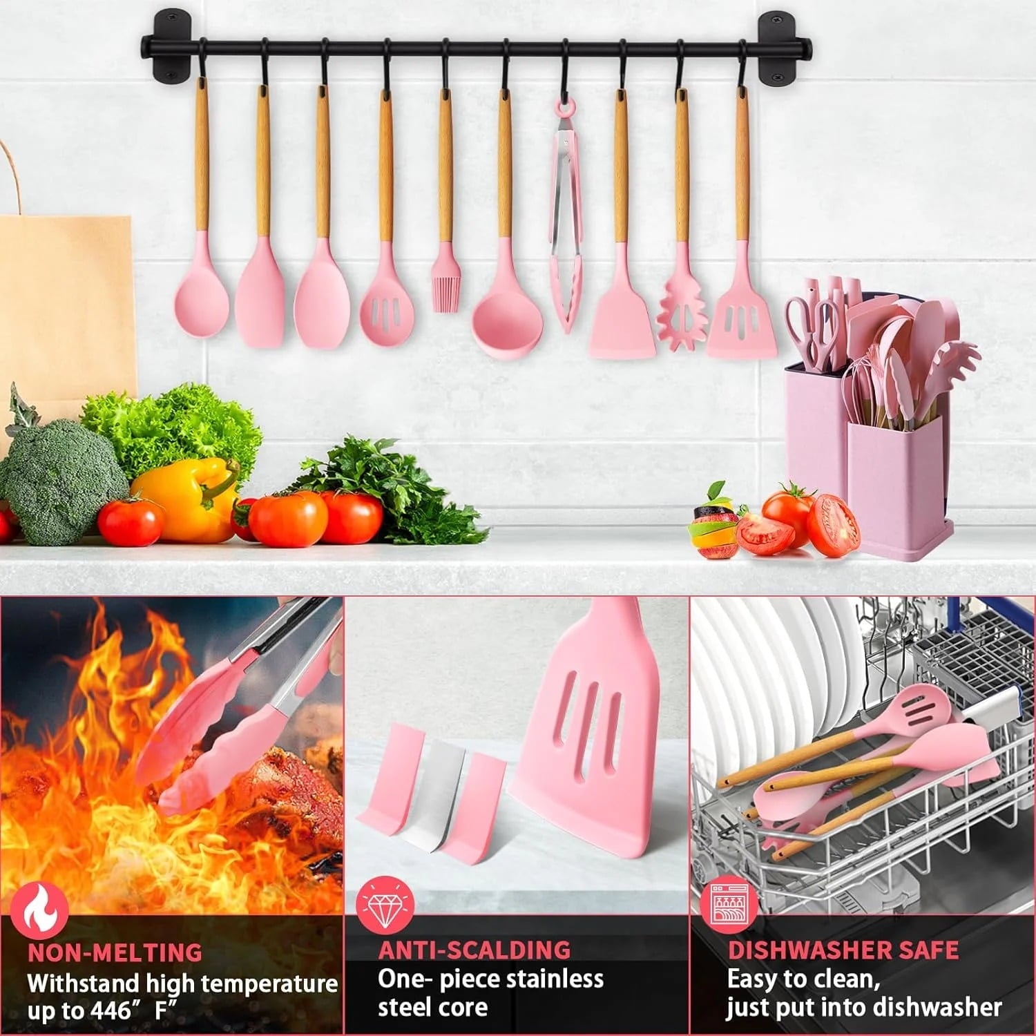 Bartans Silicone Cooking Utensils Set, BPA Free Heat Resistant Pink Baking Tools Kitchen Knife 19 Pc - Image 5
