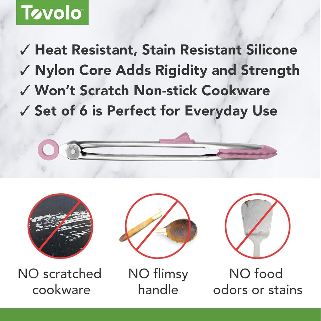 Tovolo Silicone Cooking Utensil Set of 6 Pink Sorbet Ladle Slotted Turner Tongs Flex Core Spatula Scraper Mixing Spoon and Potato Masher, Di - Image 3