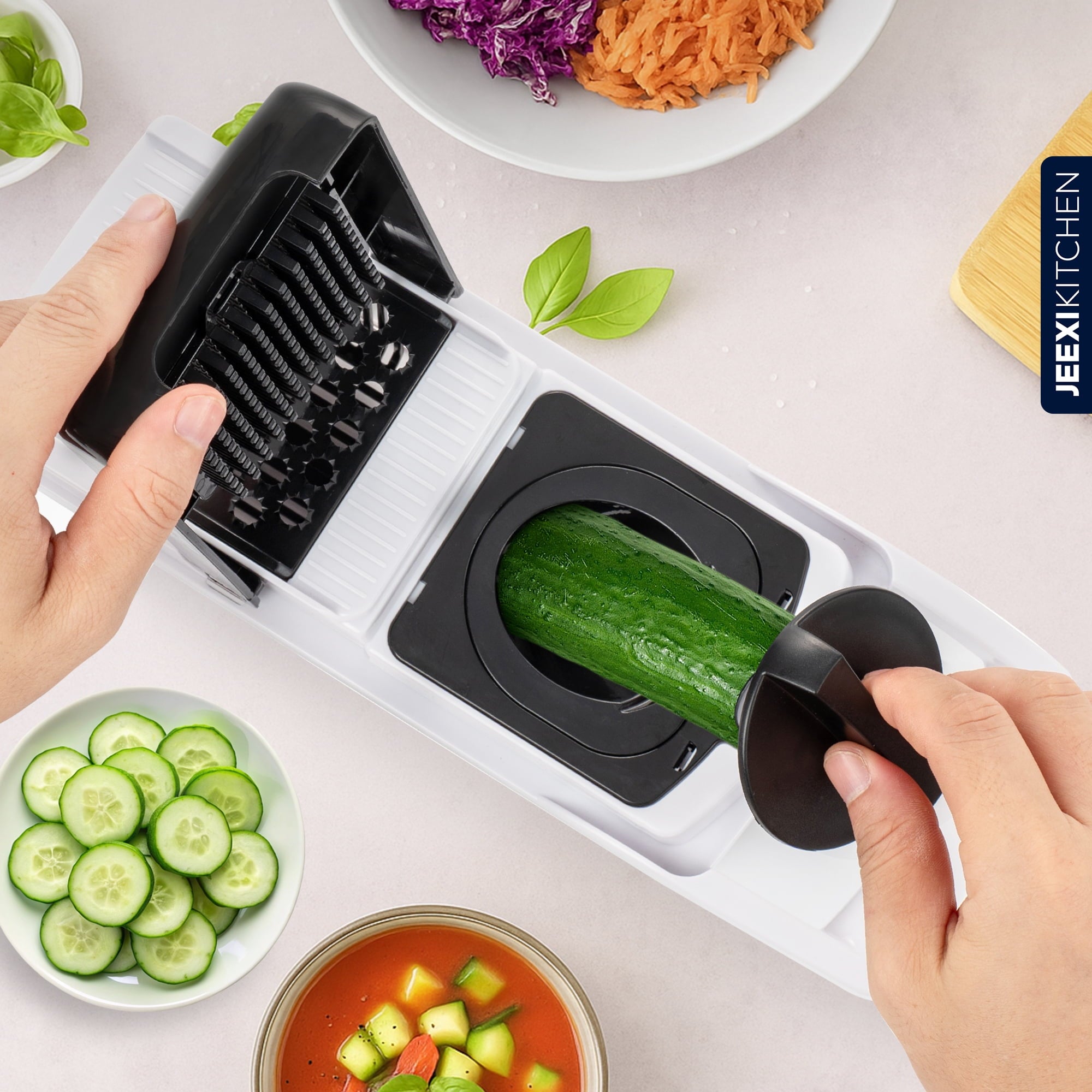 JEEXI Pro Vegetable Chopper, Multi-functional Onion Chopper, Veggie Chopper w/ Stainless Steel Blades, Vegetable Slicer w/ Container, Mandol - Image 4