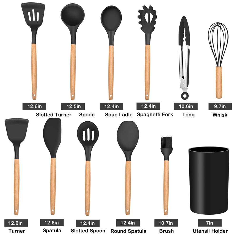 12-Piece Silicone Kitchen Cooking Utensils Set with Holder, Wooden Handle Utensils for Cooking, Kitchen Tools Include... - Image 4