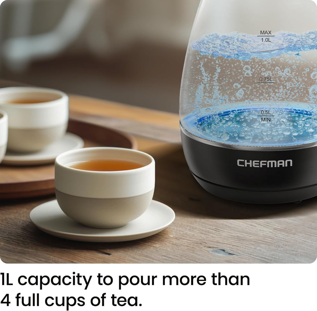 1L Electric Glass Kettle w/ LED Indicator Light, Automatic Shutoff - Black - Image 2
