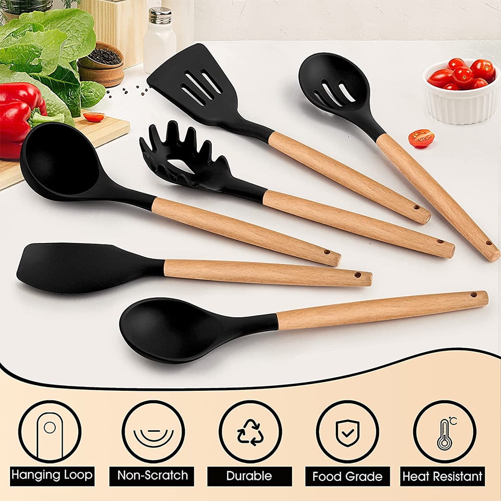 Kitchen Utensils Set of 6, VeSteel Silicone Cooking Utensils with Wooden Handle, Non-Stick Cookware & Heat Resistant, Includes Spatula/Ladle - Image 6